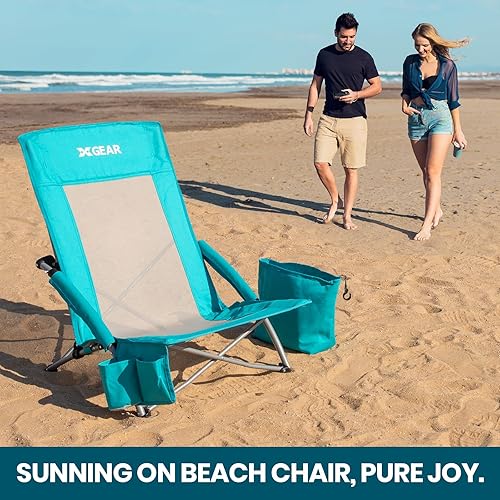Miniatura 8 de XGEAR Silla de playa plegable de respaldo alto con bolsa enfriadora desmontable, respaldo alto de malla, silla de arena para playa, césped,