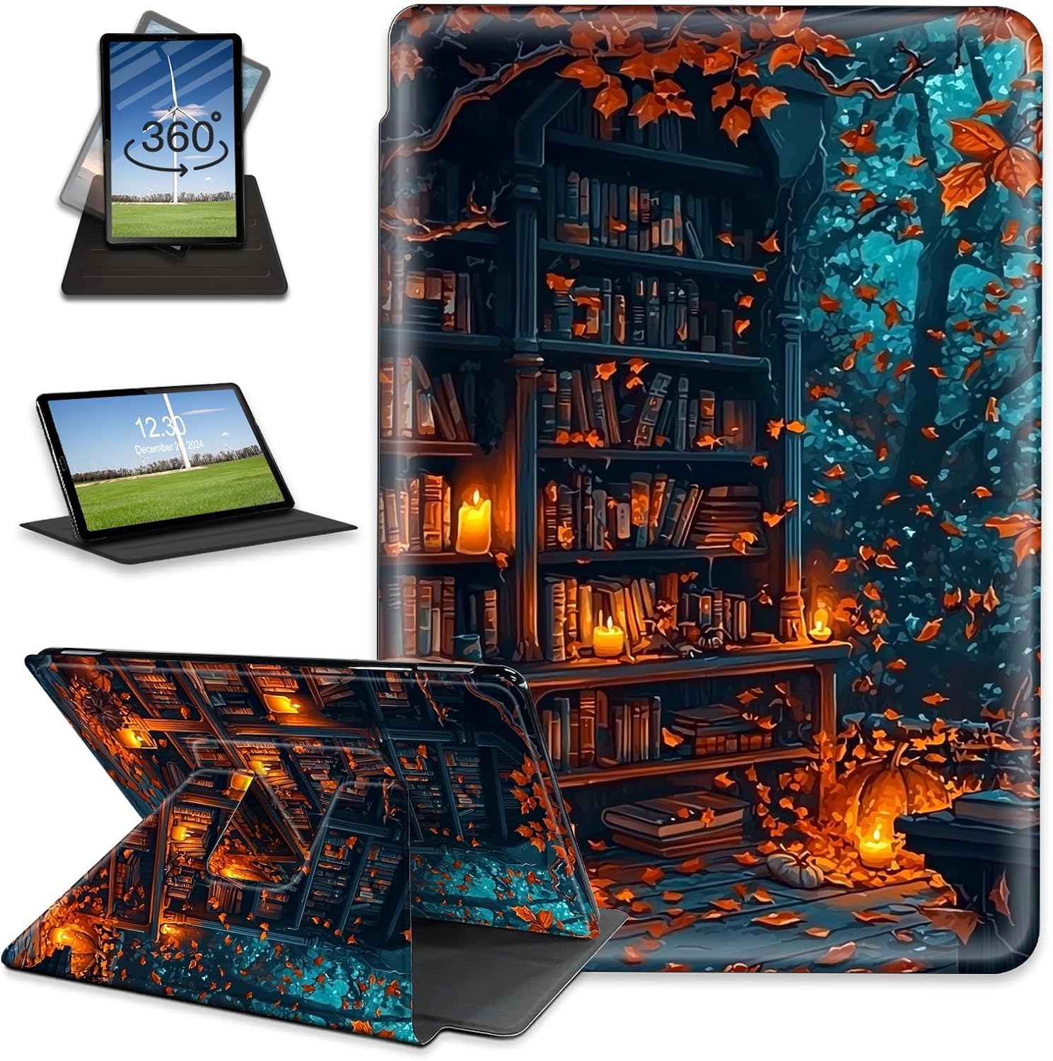 Case for Kindle Paperwhite 6(12th 7'' 2024)/Kindle Colorsoft Signature Edition 2024/2025 Rotating, Bookshlef Design Auto Wake Sleep Folio Leather Stand Case for Woman Man