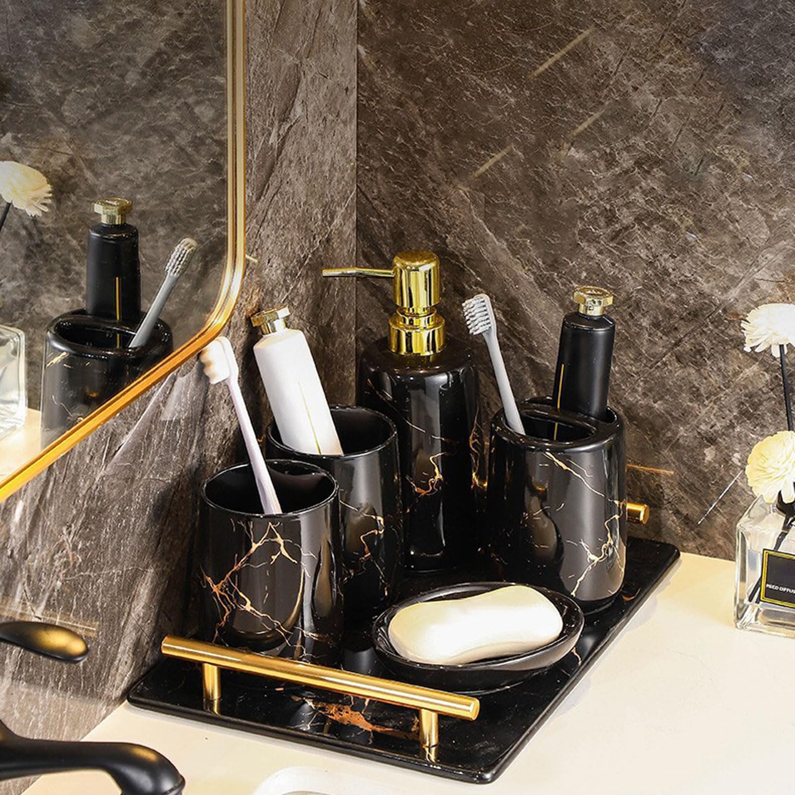 Keramik Badezimmer Zubehör Set,Keramik Bad Zubehör Set,Badezimmer Set,Badezimmer Set Keramik,Badezimmer Zubehör Set,Bad Organizer und Deko,Mit Seifenspender,Becher,Seifenschale