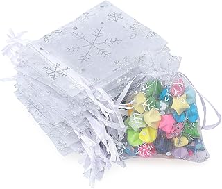 jijAcraft 100PCS Christmas Organza Bags: 7x9CM White Snowflake Organza Gift Pouches, Small Christmas Drawstring Favour Bags for Presents, Candy, Xmas Party Decoration