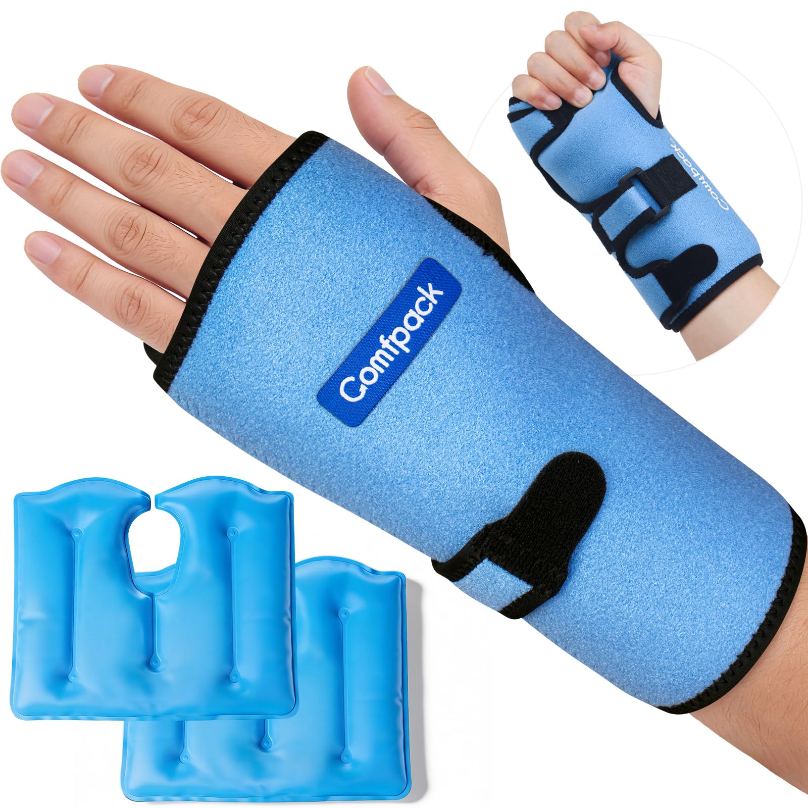 Comfpack Wrist Ice Pack Wrap Wrist Brace Compression Sleeve for Carpal Tunnel Relief, 2 Gel Ice Packs for Injuries Reusable, Hot Cold Therapy for