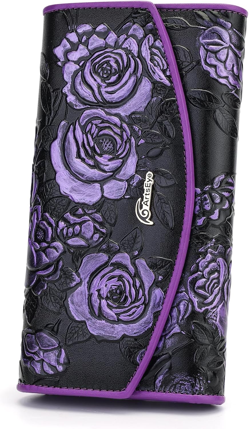 Roses Embossed Genuine Leather Trifold Wallet Purse (Purple) - Image 6