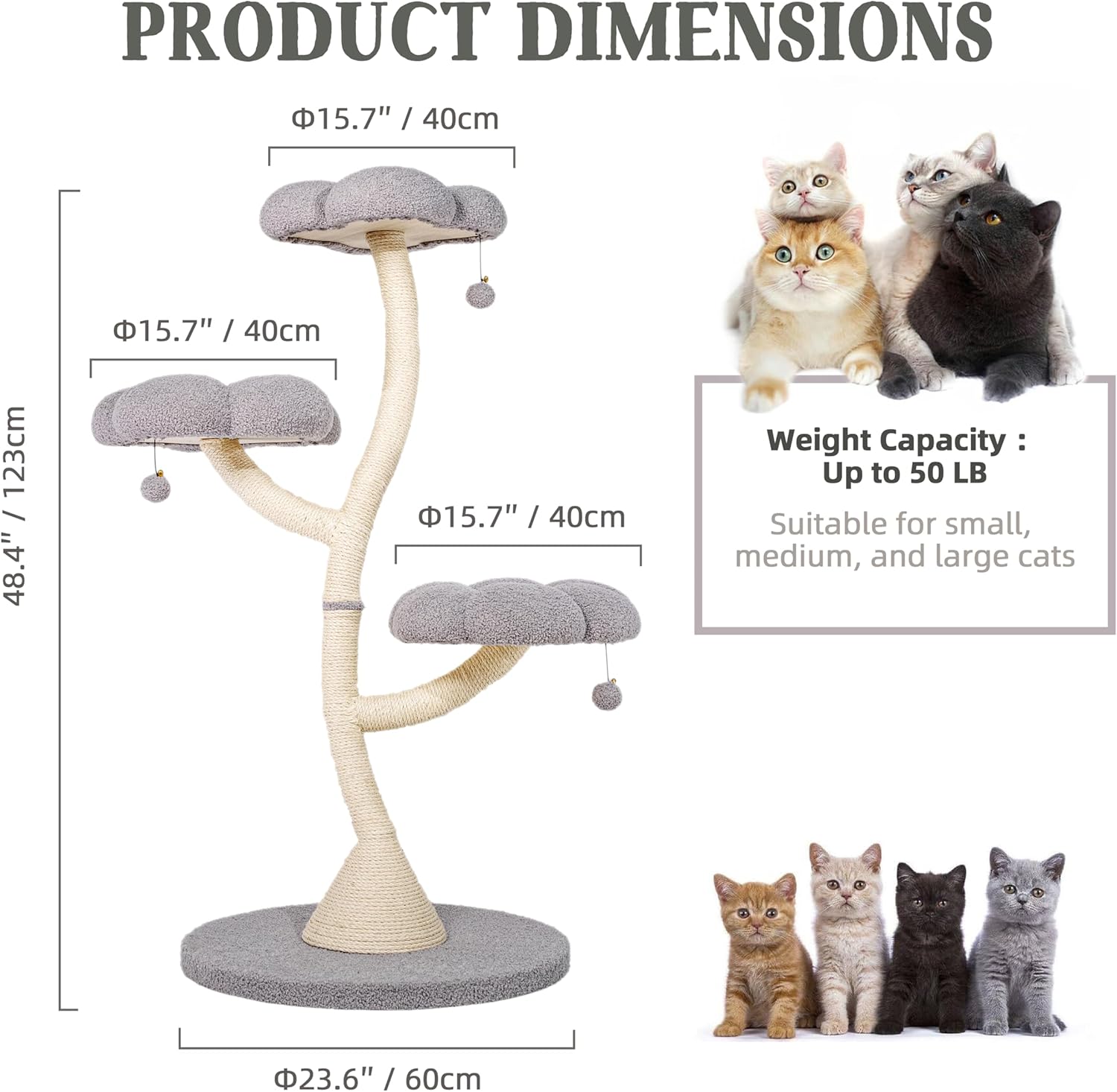 Cat Tree Tower Petal Shaped Modern Cat Scratching Post Multi-Layer Platform (Gray, 48.4inch)