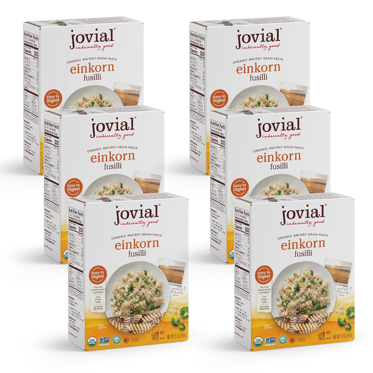 Jovial Einkorn 100% Organic Whole Grain Fusilli - Einkorn Pasta, High Protein, Non-GMO, USDA Certified Organic, Lower Carb, Delicious Pasta Made in Italy - 12 Oz, 6 Pack