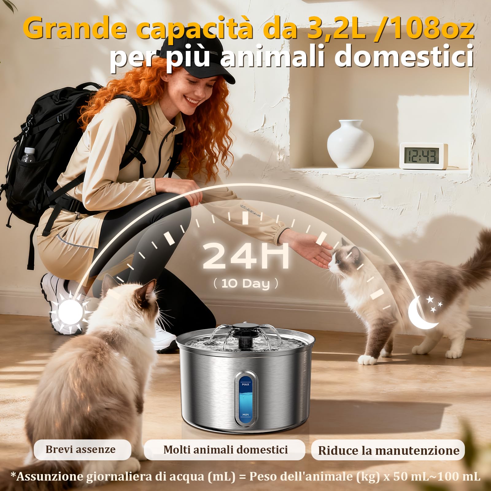 Fontanella per Gatti Acciaio Inox, 3.2L/108oz Fontana per Gatto con Sistema di Filtrazione a Cinque Stadi, 25dB Ultra silenziosa, 5W Basso Consumo, Adatto per gatti, cani e piccoli pets +3 Filtri