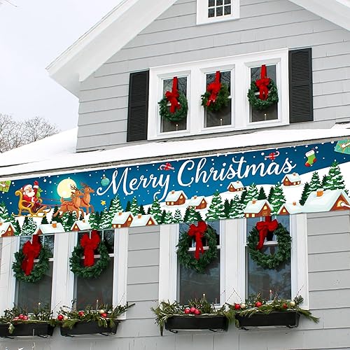 Miniatura 7 de Cartel de Navidad al aire libre, gran tela azul decoraciones de Feliz Navidad con Papá Noel renos regalos de fondo, cartel de Navidad para patio
