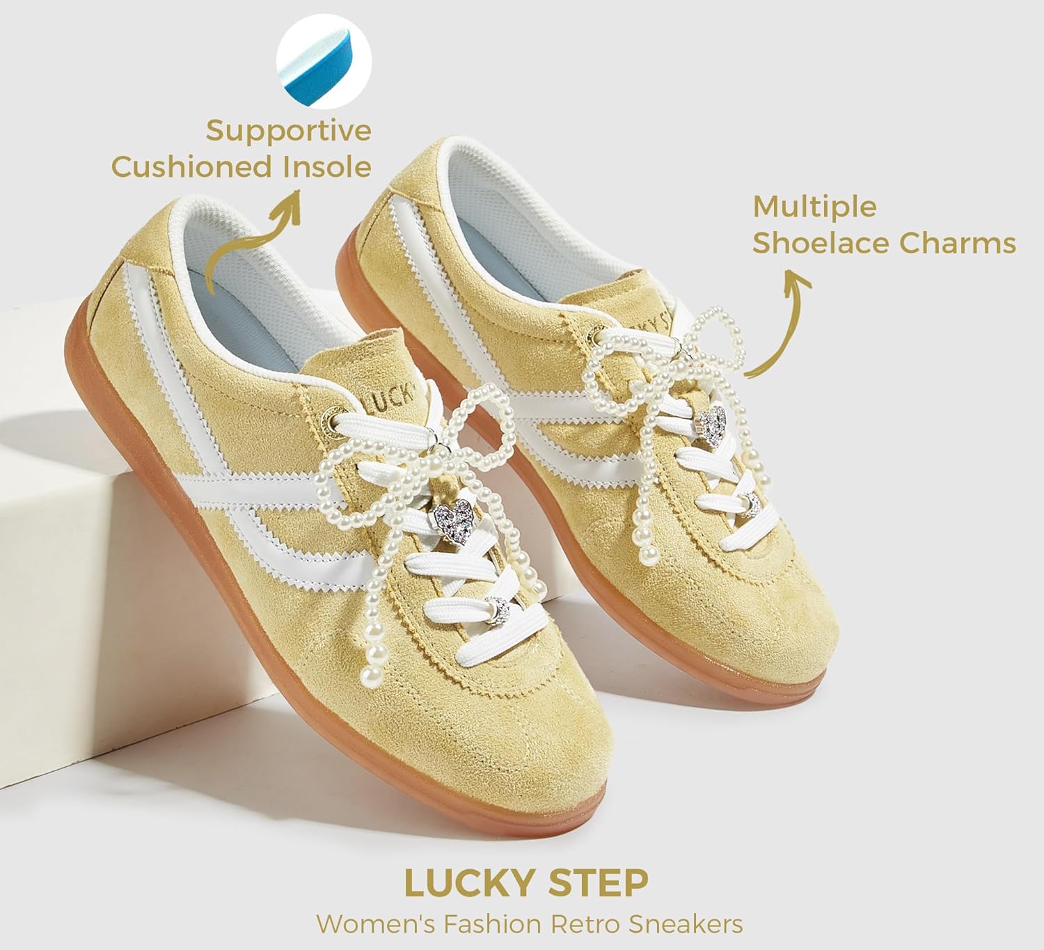 LUCKY STEP Women's Classic Retro Sneakers Casual Fashion Gum Sole Trainer Cow Suede Running Walking Shoes