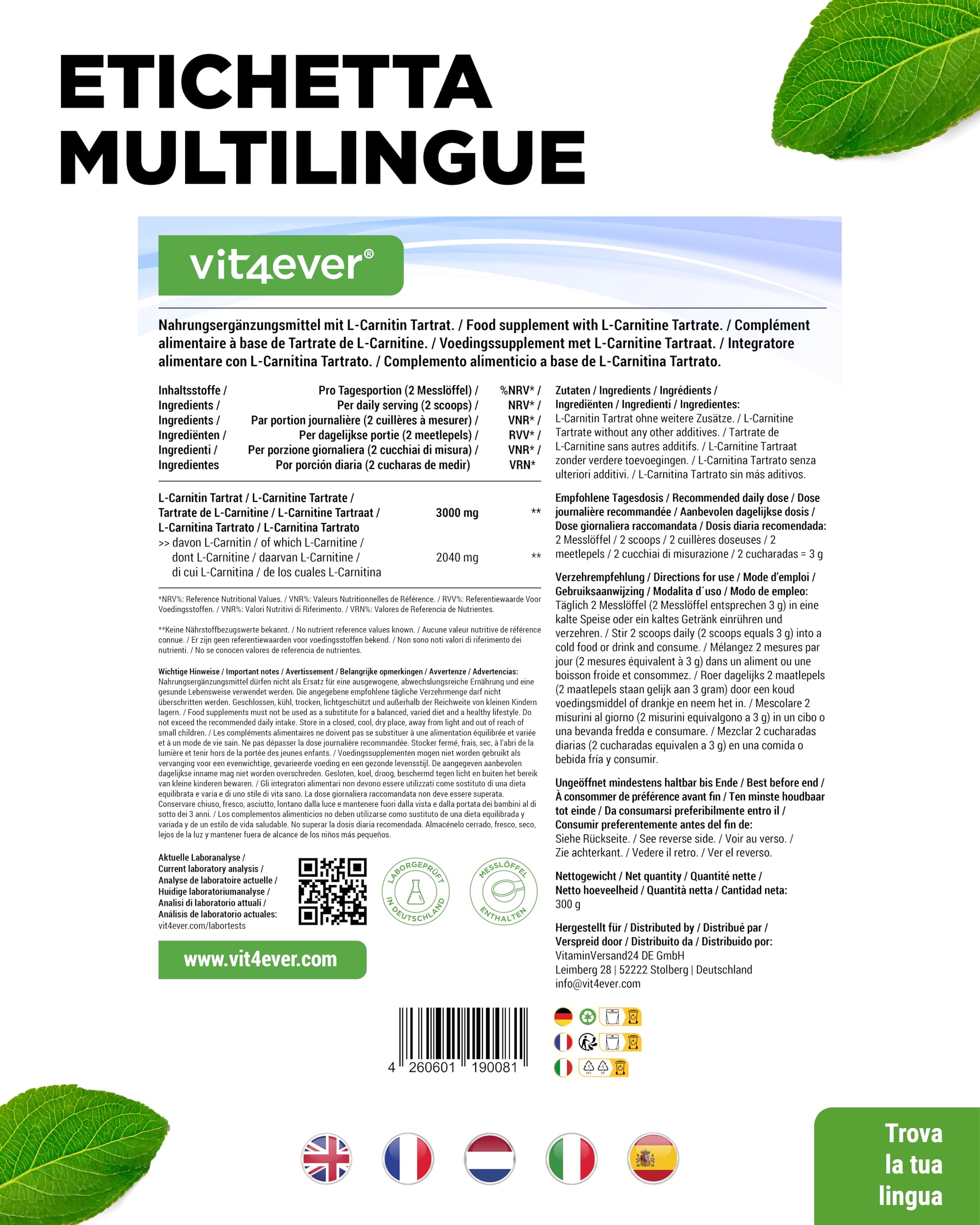 L-Carnitine Pure - 300 g di polvere pura senza additivi - 100% L-Carnitina Tartrato - 100 porzioni con 3000 mg di Carnitina in polvere - Vegan - Alto dosaggio