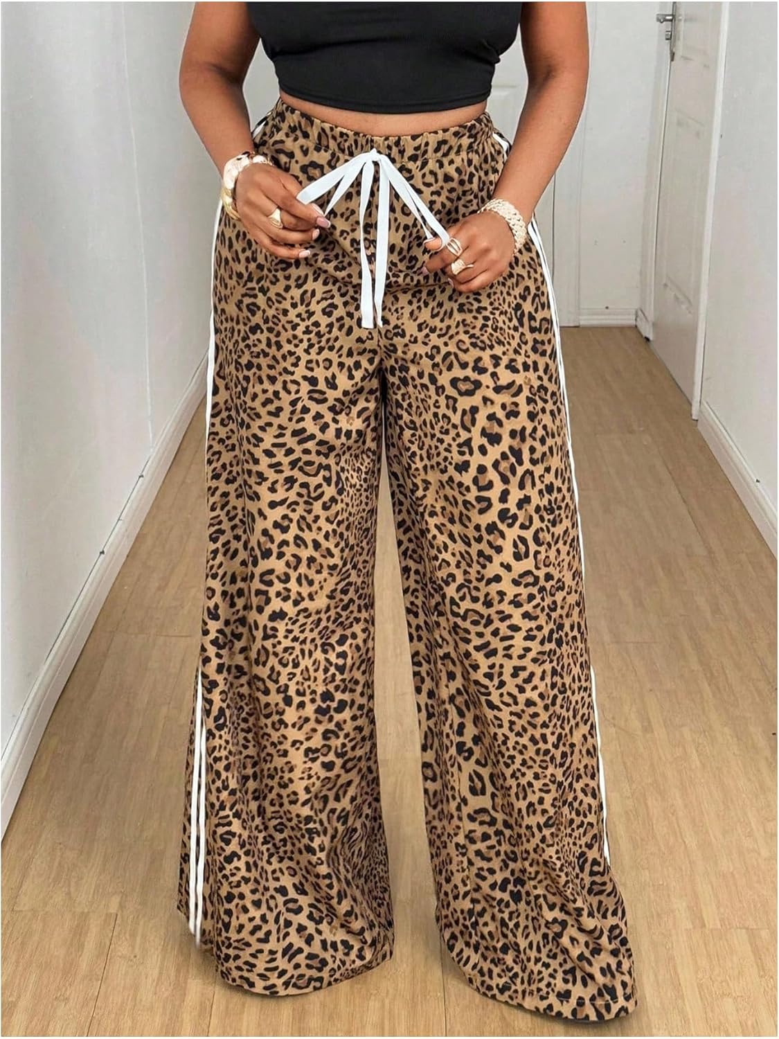 SweatyRocks Women's Y2K Leopard Print Straight Leg Pants Elastic High Waisted Wide Leg Trousers with Pockets - Image 7
