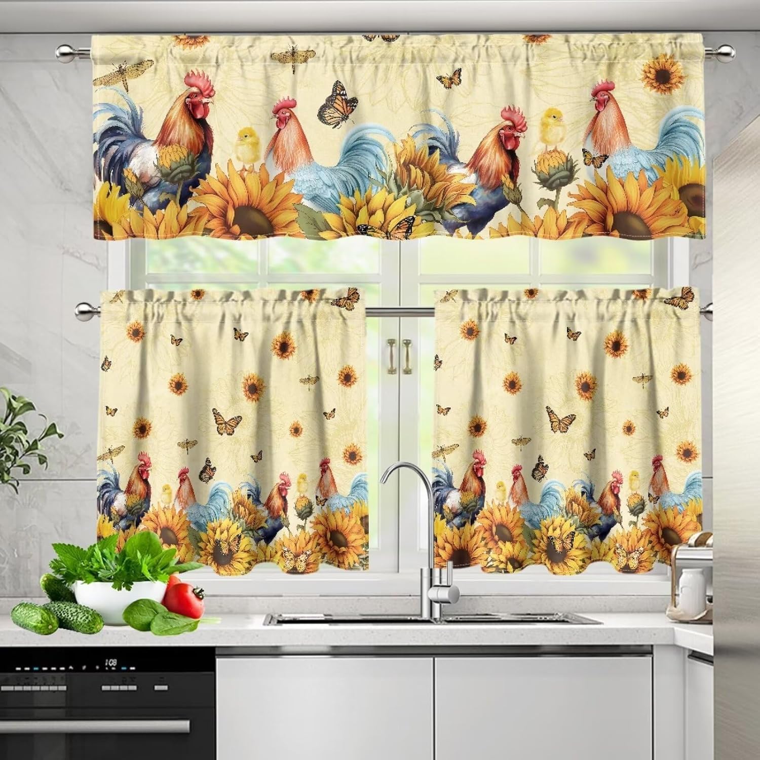 Sunflower Rooster 3Pcs Kitchen Curtains Set Blue Window Valance Set Tier Bedroom Dining Room Cafe Office Living Room 54 x 18 inches + 27 x 24 inches *2