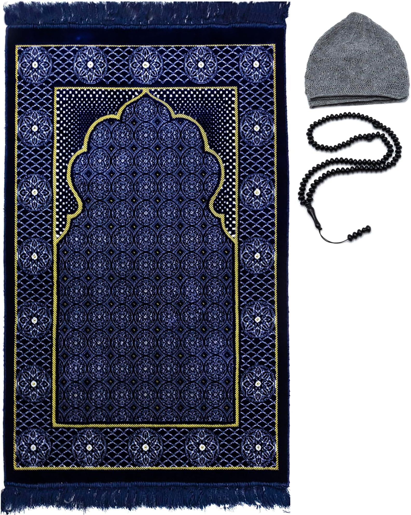 Modefa Muslim Prayer Rug - Turkish Janamaz Sajada - Plush Velvet Soft Prayer Mat Praying Carpet for Men and Women - Ramadan or Eid Gift with Kufi Cap & Beads - Floral Stamp Ipek - Blue 2