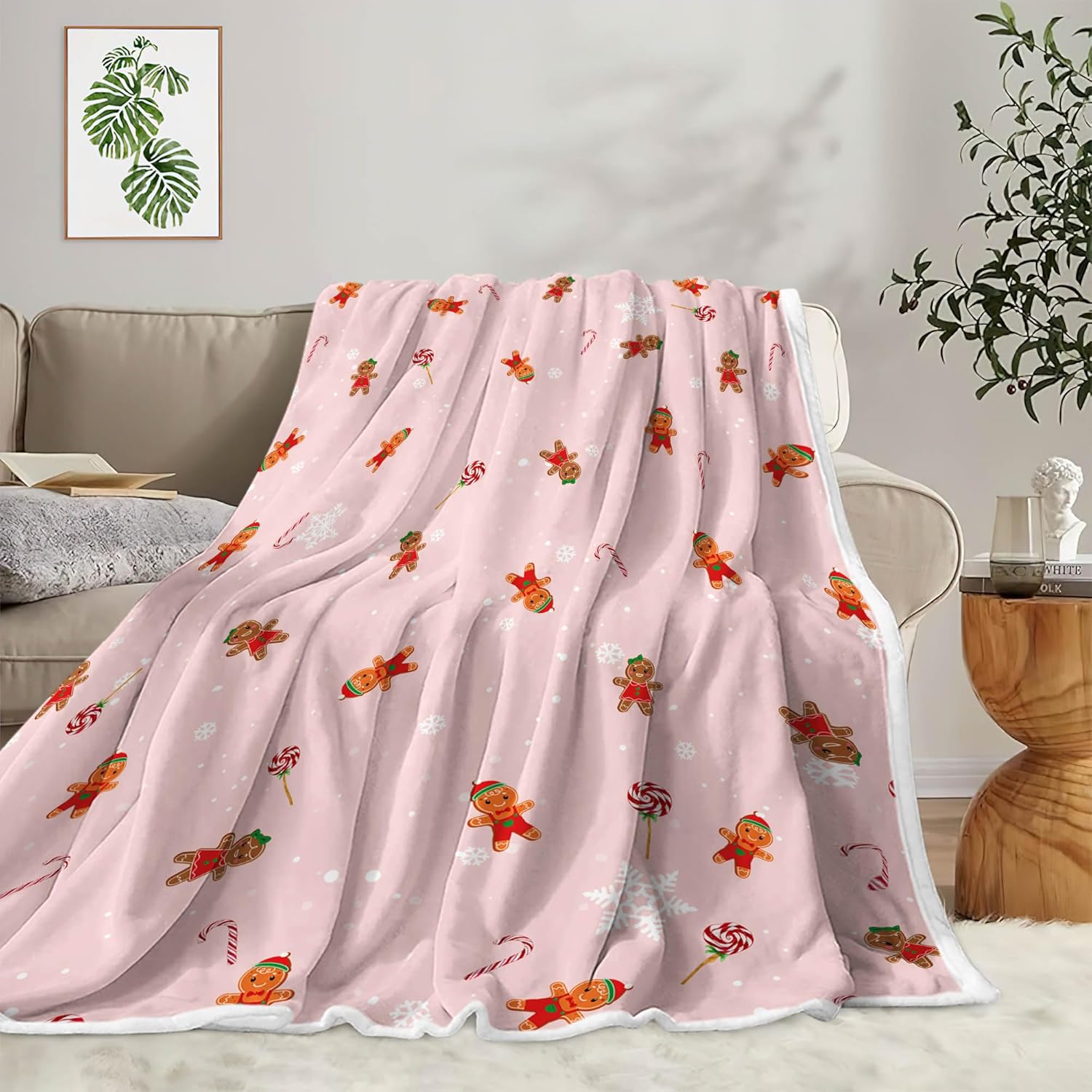 Pink Christmas Gingerbread Throw Blanket, Gingerbread Man Candy Cane Blanket Xmas Winter Flannel Warm Throw Blankets Soft Cozy Decorative for Christmas Home Bed Sofa Couch Decor, 60 x 90 Inch