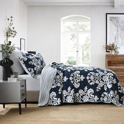 Vista 3 de Juego de edredón tamaño Queen, color azul marino, 100% algodón, colcha acolchada floral tamaño queen, juego de ropa de cama reversible de cachemira