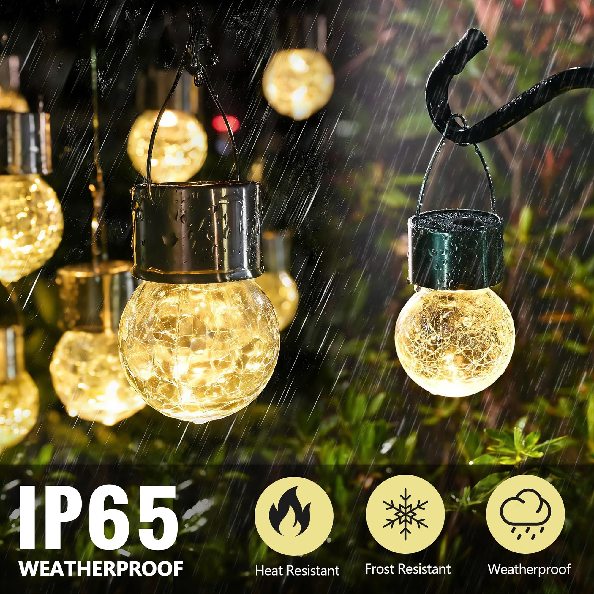 Lanterne solari per esterni, luci a sfera a energia solare, impermeabili, decorative, in vetro incrinato, ornamenti per pastore, gancio, albero, ombrello, recinzione, giardino, cortile, decorazione