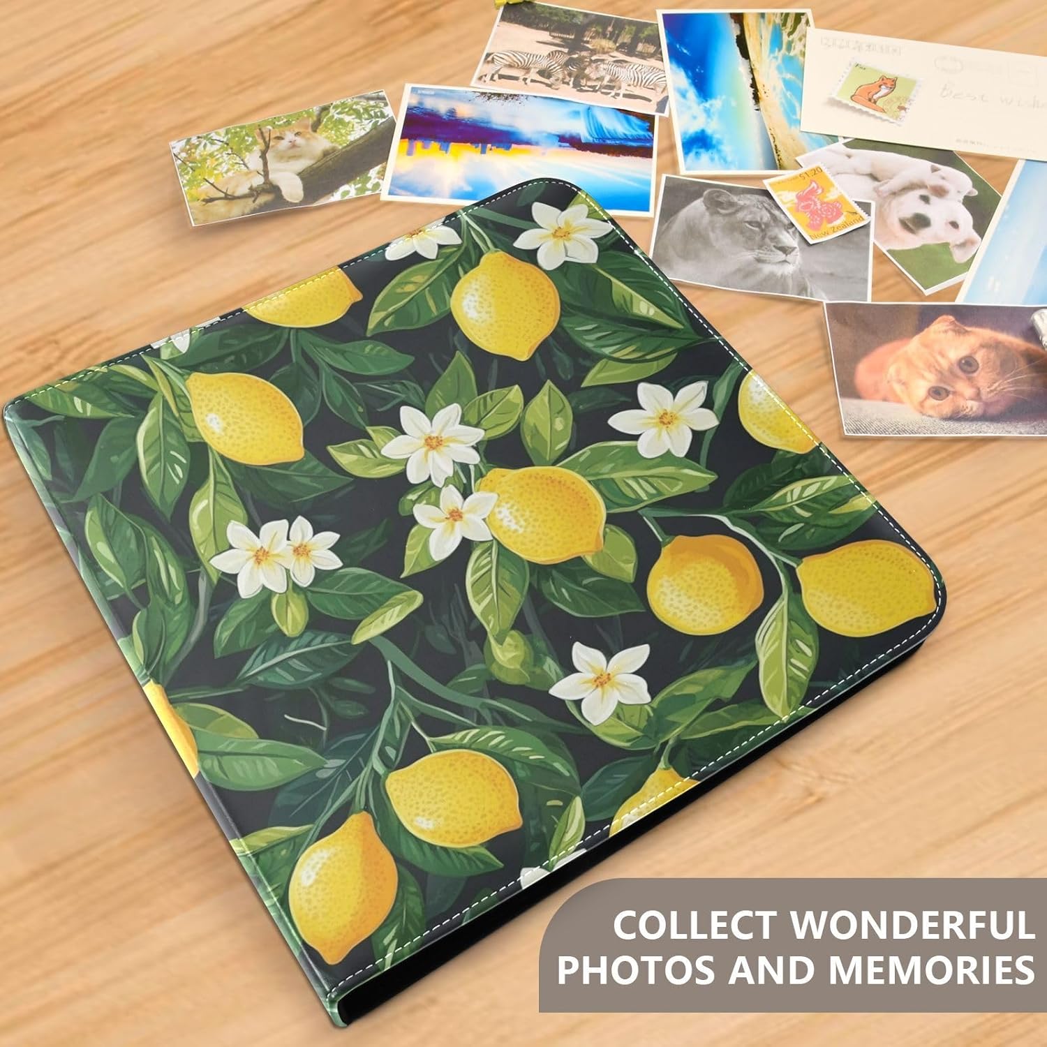 JIPONI Lemon & White Flowers Large Photo Album, DIY Leather Cover Scrapbook Albums for 4x6 5x7 6x8 Pictures, Self Adhesive Memory Book for Wedding, Baby, Family