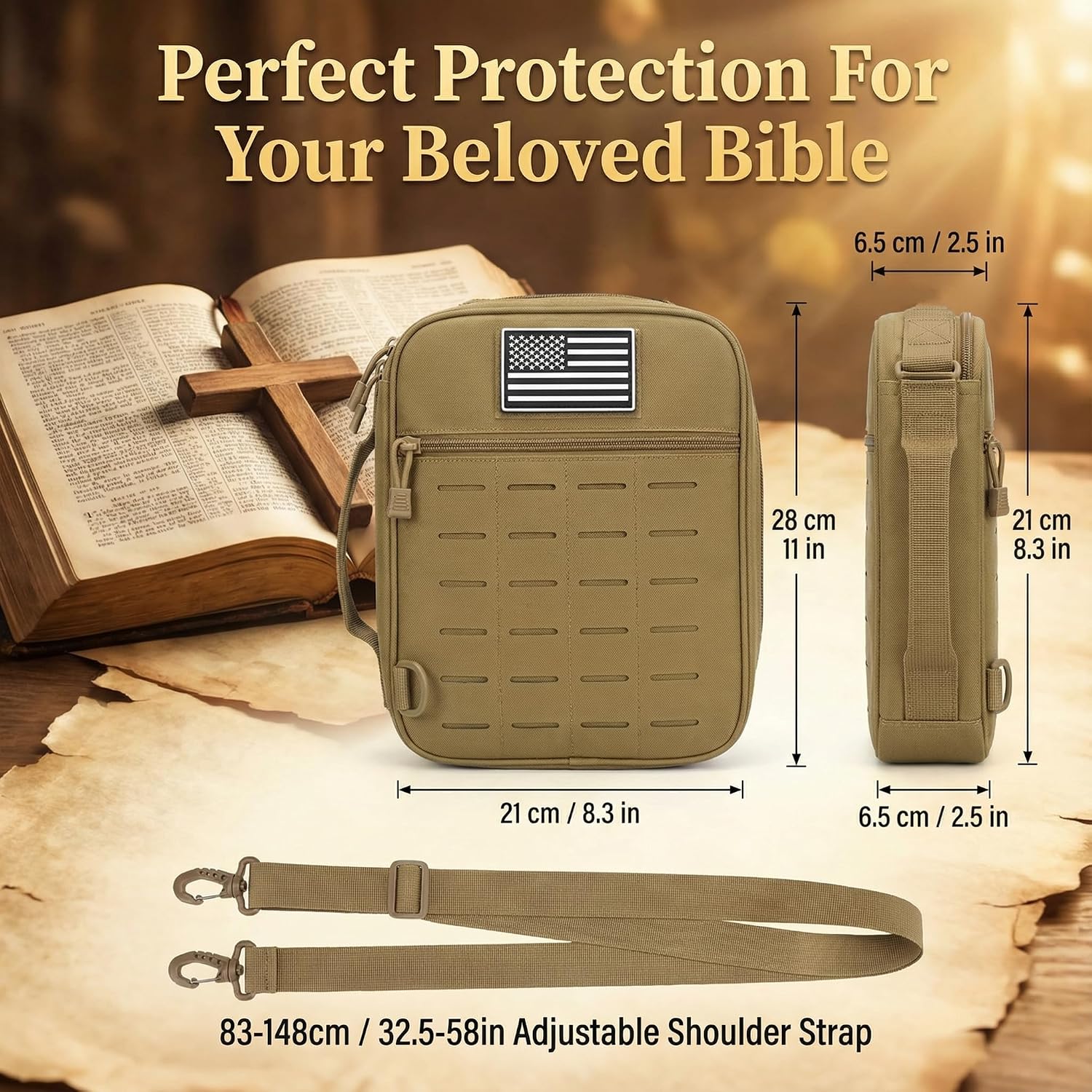 Tactical Bible Cover for Men, Large Bible Case with Shoulder Strap & US Flag Patch, Water Resistant Bible Carrier Bag with Handle, Multi Pockets for Church Study & Travel（Brown）