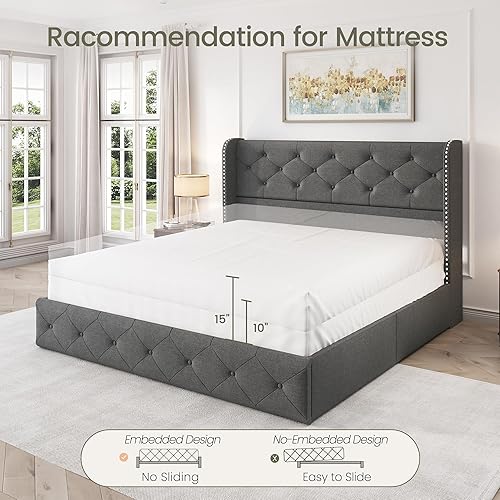 Miniatura 34 de LARMACE - Marco de cama tamaño King con 4 cajones de almacenamiento y cabecera tapizada con botones, cama de plataforma tapizada en lino con