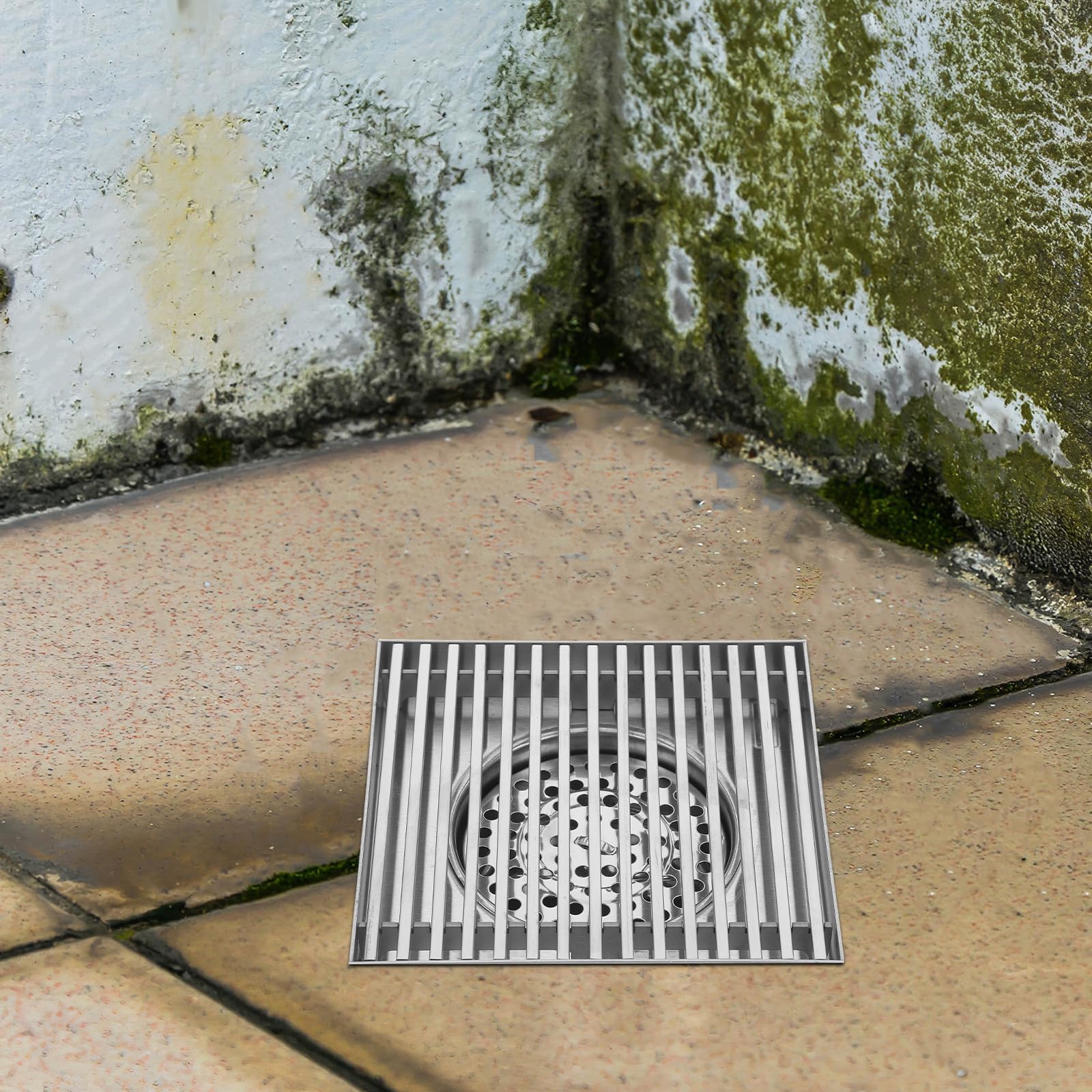 Rejilla Cuadrada de Drenaje en Acero Inoxidable 304 para Patio | Gran Diámetro, Acabado Plata, Diseño Antiobstrucción, Uso Exterior en Jardines y Patios