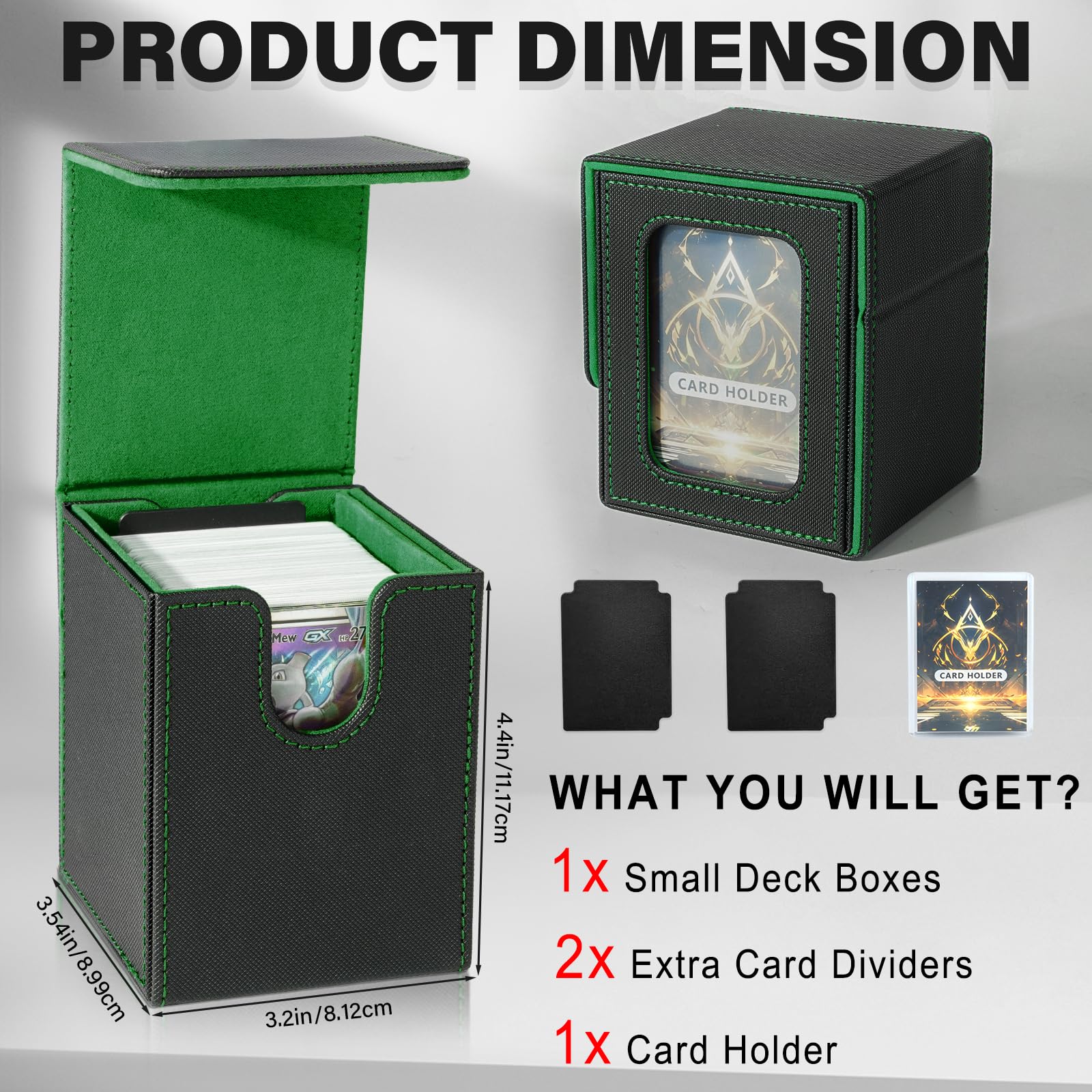 IVODEELA Card Deck Box for MTG Commander,Magnetic Card Display Case with two Dividers,PU Leather Trading Card Storage Box Holds 100 Double-Sleeved Cards,TCG Card Storage Box,Black Green - Image 2