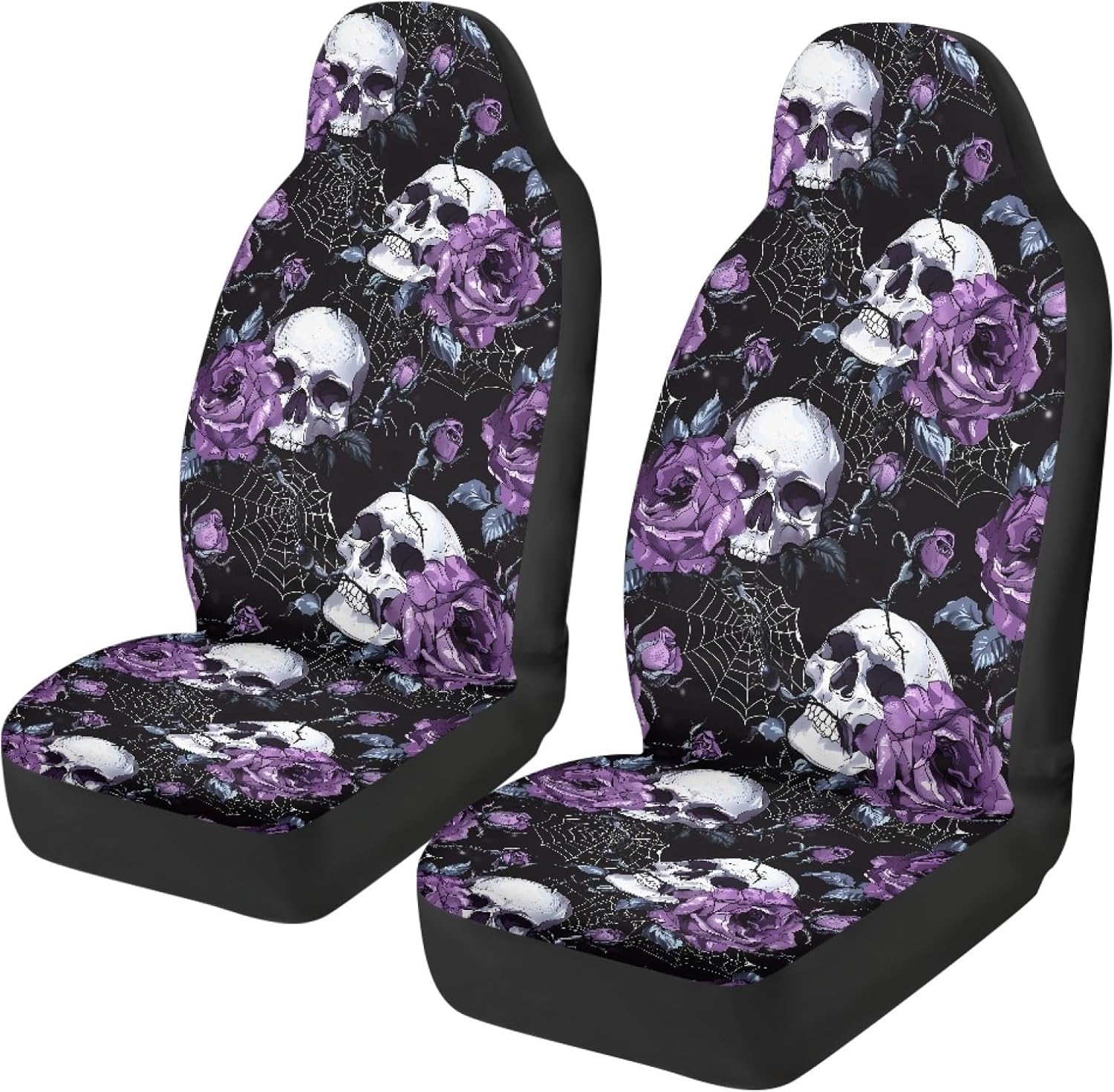 Gothic Skull Seat Covers for Cars Front Seat Purple Rose High Back Bucket Seat Cover 2 Piece Front Seat Cover for Cars SUV Sedan Van