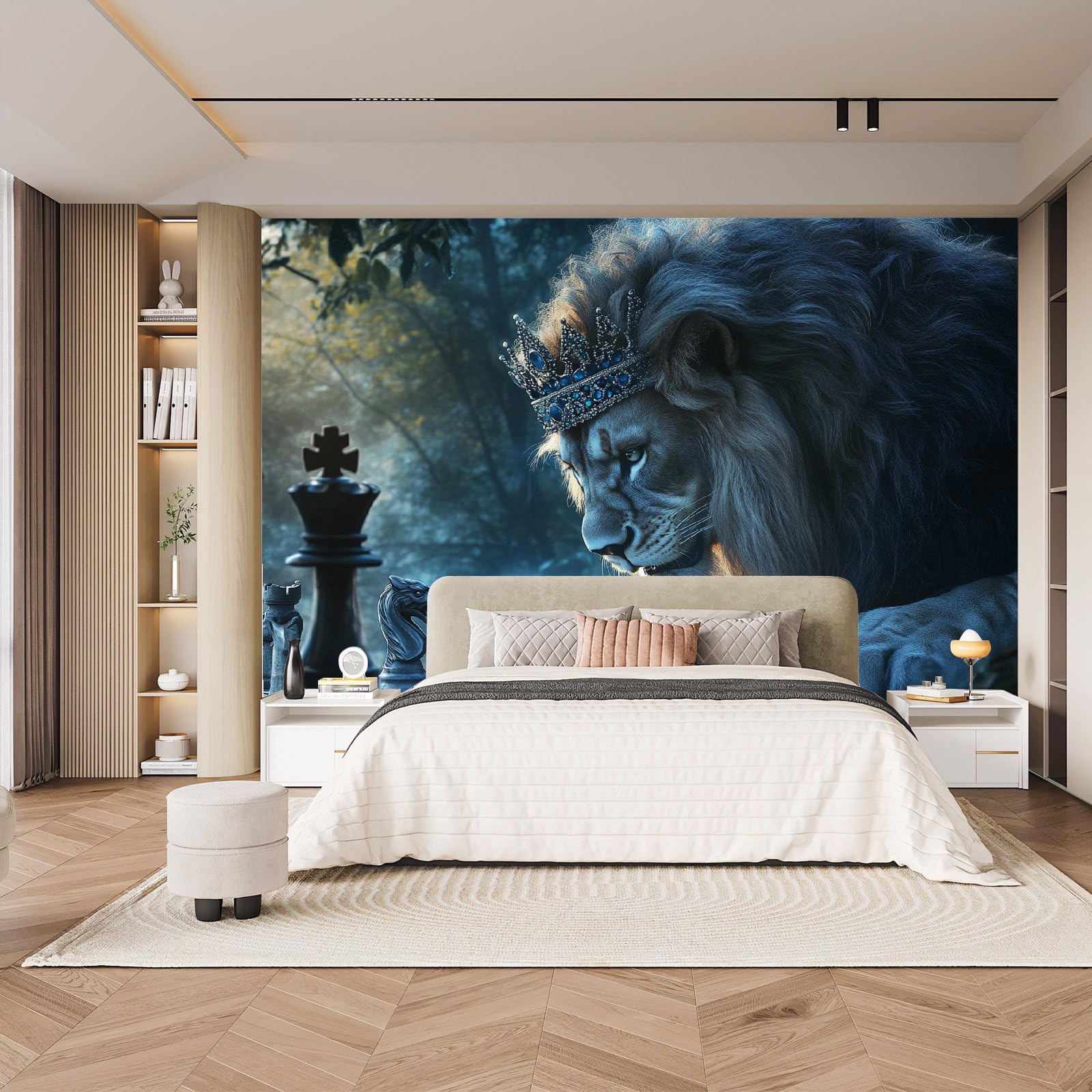 Mural ścienny lew włóknina 200 x 140 cm fototapeta efekt 3D lew król szachy tapeta mural zwierzęta grafika tło naklejki ścienne do salonu sypialni dziecięcej