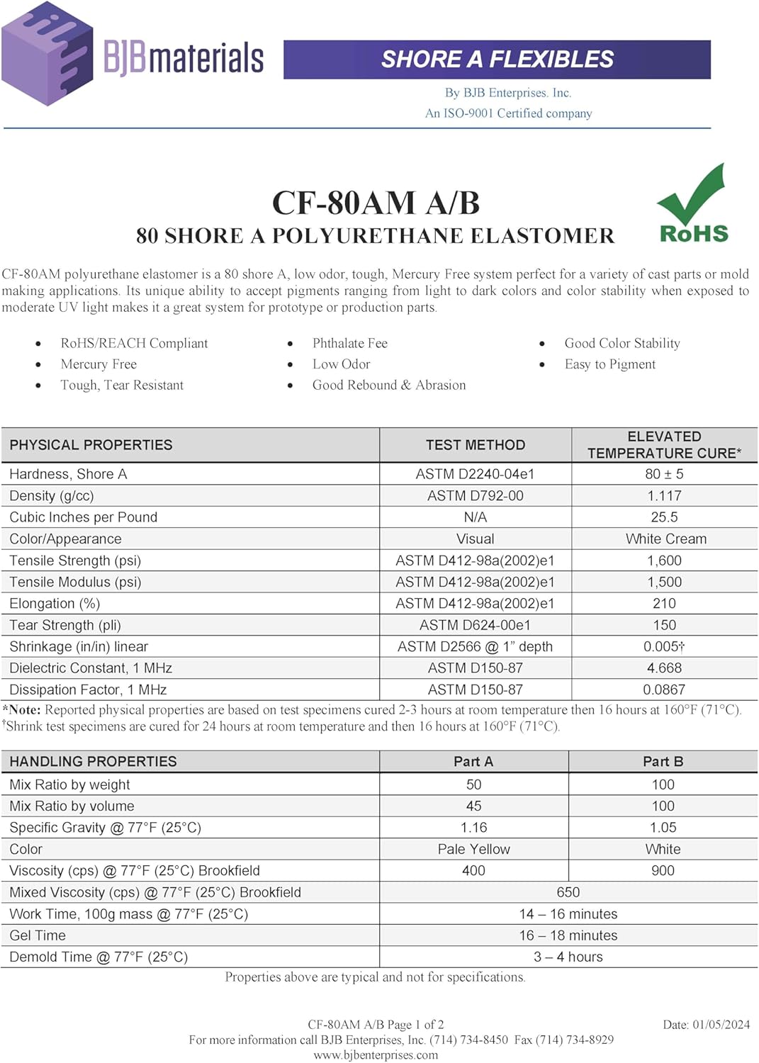 CF-80AM Polyurethane Elastomer – 80A Flexible Casting Resin | Tough, Tear-Resistant, Low Odor, Mercury-Free | Easy to Pigment | for Durable Parts, Prototyping & Mold Making (3 lbs/Quart Kit)