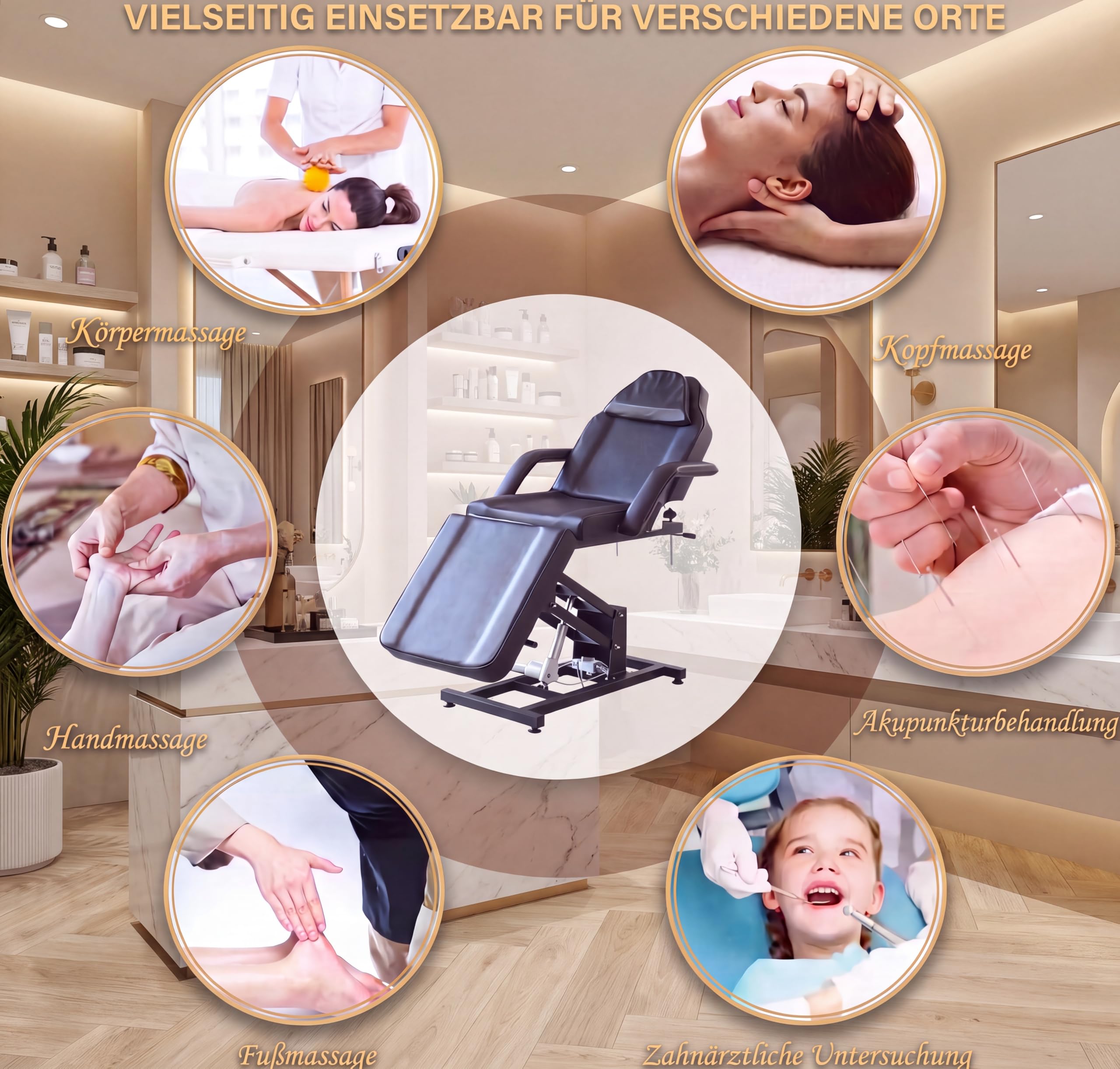 Kosmetikliege Elektrisch, Kosmetikstuhl Höhenverstellbare, Massagetisch & Tattooliege mit abnehmbaren Armlehnen & Kopfteile, Massageliegen PU-Leder Set für Spa, Tattoo, Gesichtspflege (Schwarz)
