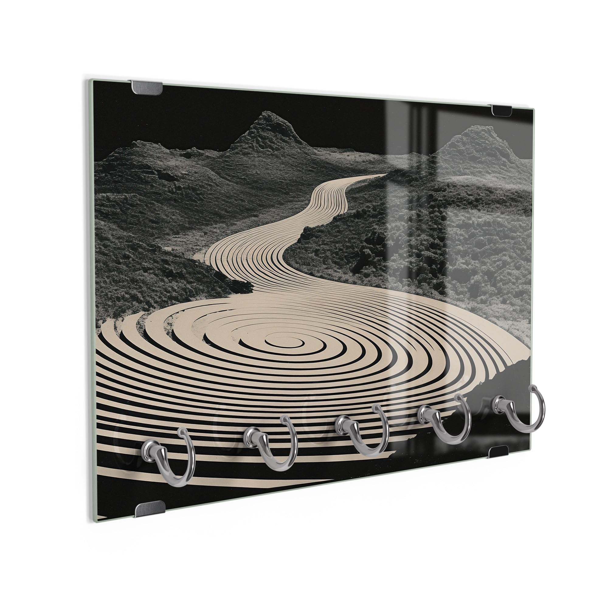 DEQORI Schlüsselbrett aus Glas | Motiv Kosmischer Fluss | ca. 30x20 cm | mit 5 Haken, magnetisch – moderne Schlüsselaufbewahrung & Schlüsselhalter für Flur, Büro, Schlüssel & Anhänger