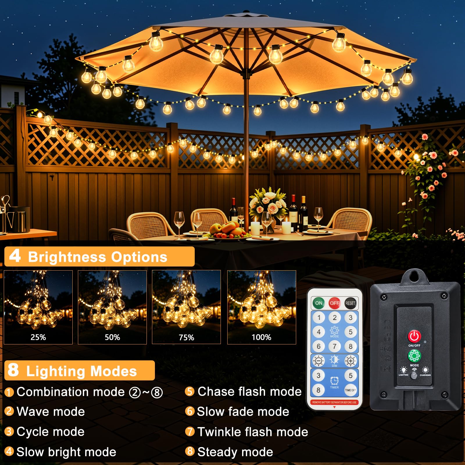 FIFlying Lucine solari da esterno 200 LED - 20+2 m Illuminazione da esterno Giardino Balcone 8 modalità - Dimmerabile resistente alle intemperie con telecomando