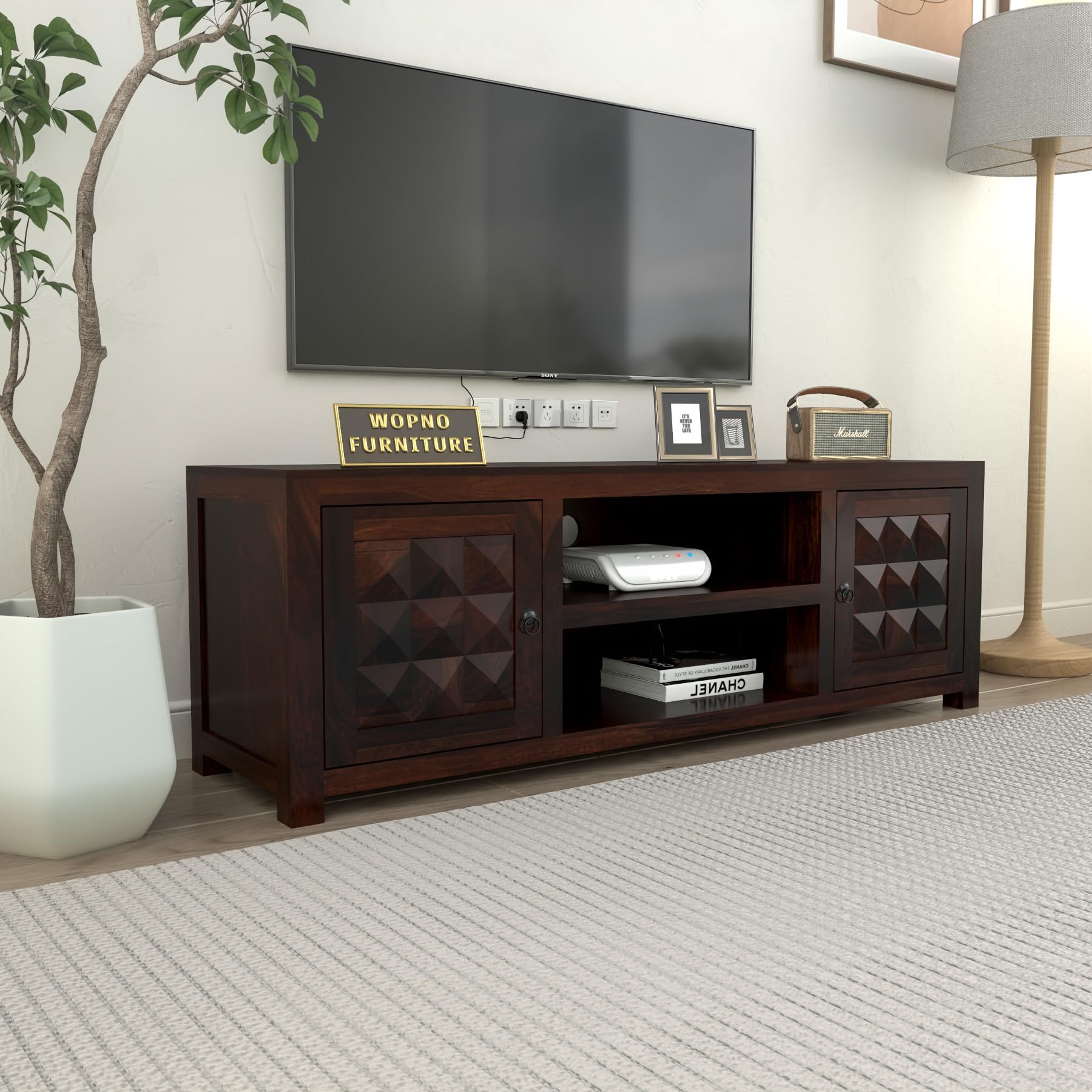 Solid Sheesham Wood Entertainment TV Unit with 2 Door | Rosewood Tv Stand/TV Cabinet for Living Room | Bedroom | Wooden TV Panel with Shelf Stoarge | TV Table-image-42