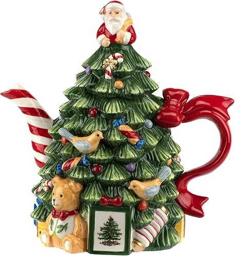 Spode Tetera con figura de árbol de Navidad, tetera festiva de 27 onzas con detalles de muérdago, boquilla de rayas de menta y mango de cinta,