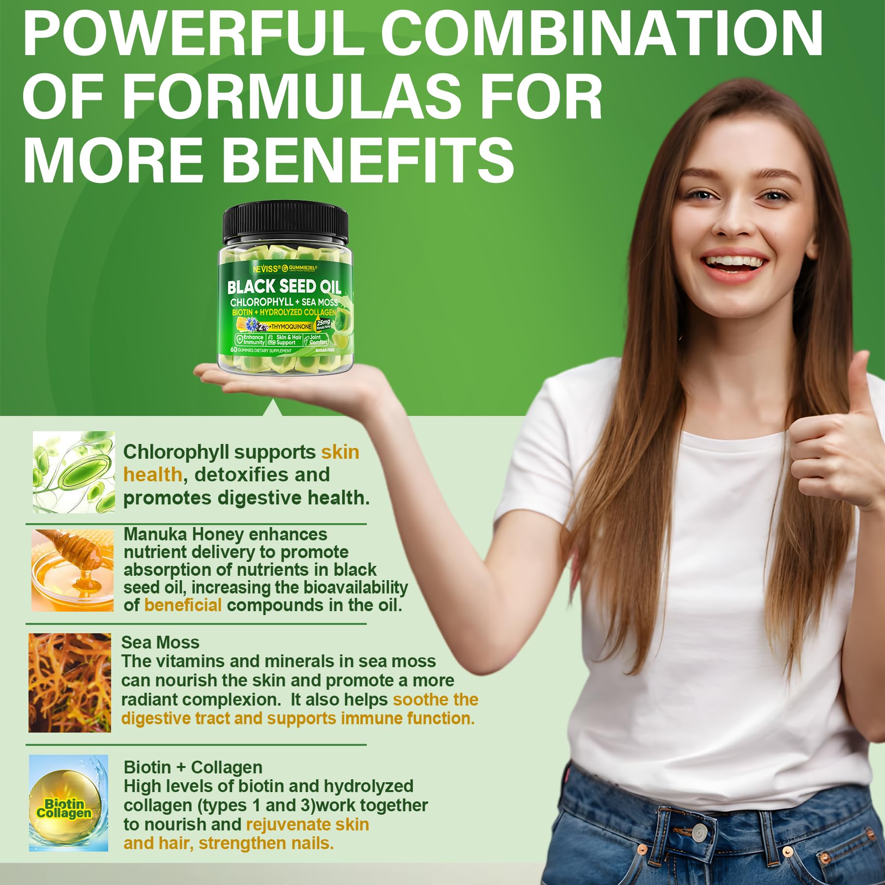 Black Seed Oil Gummies for Adults & Kids 9+, Chlorophyll & Sea Moss Supplement, Biotin with Hydrolyzed Collagen for Skin, Hair & Nails, Vit E, C, Zinc for Immune, Overall Health, Organic Cold Pressed — Amazon image 4
