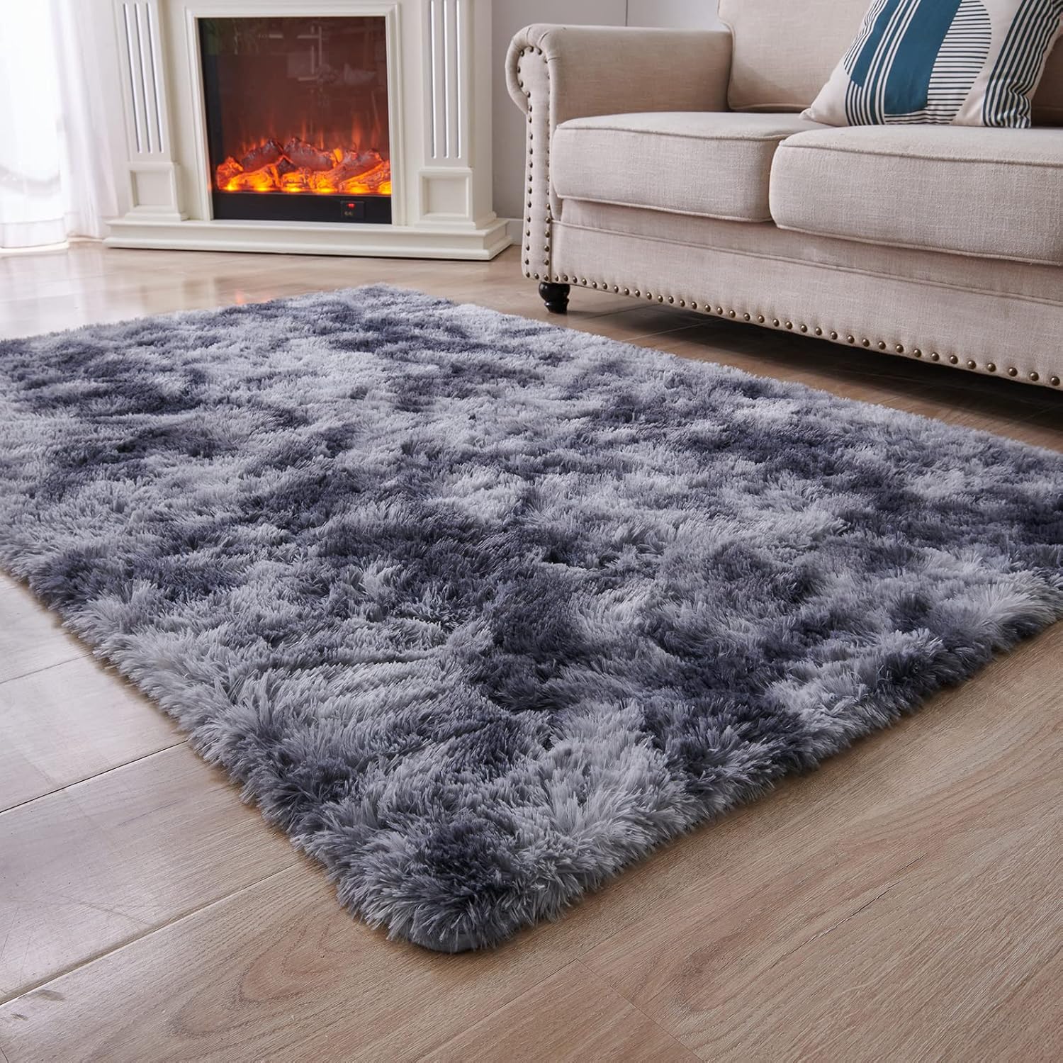 ANVARUG Modern Plush Area Rug 9x12 Ultra Soft Faux Fur Rugs, Non-Skid Bedroom Rugs for Kids Playroom Home Decor, Tie-Dyed Dark Grey 9x12 Feet Tie-dyed Dark Grey