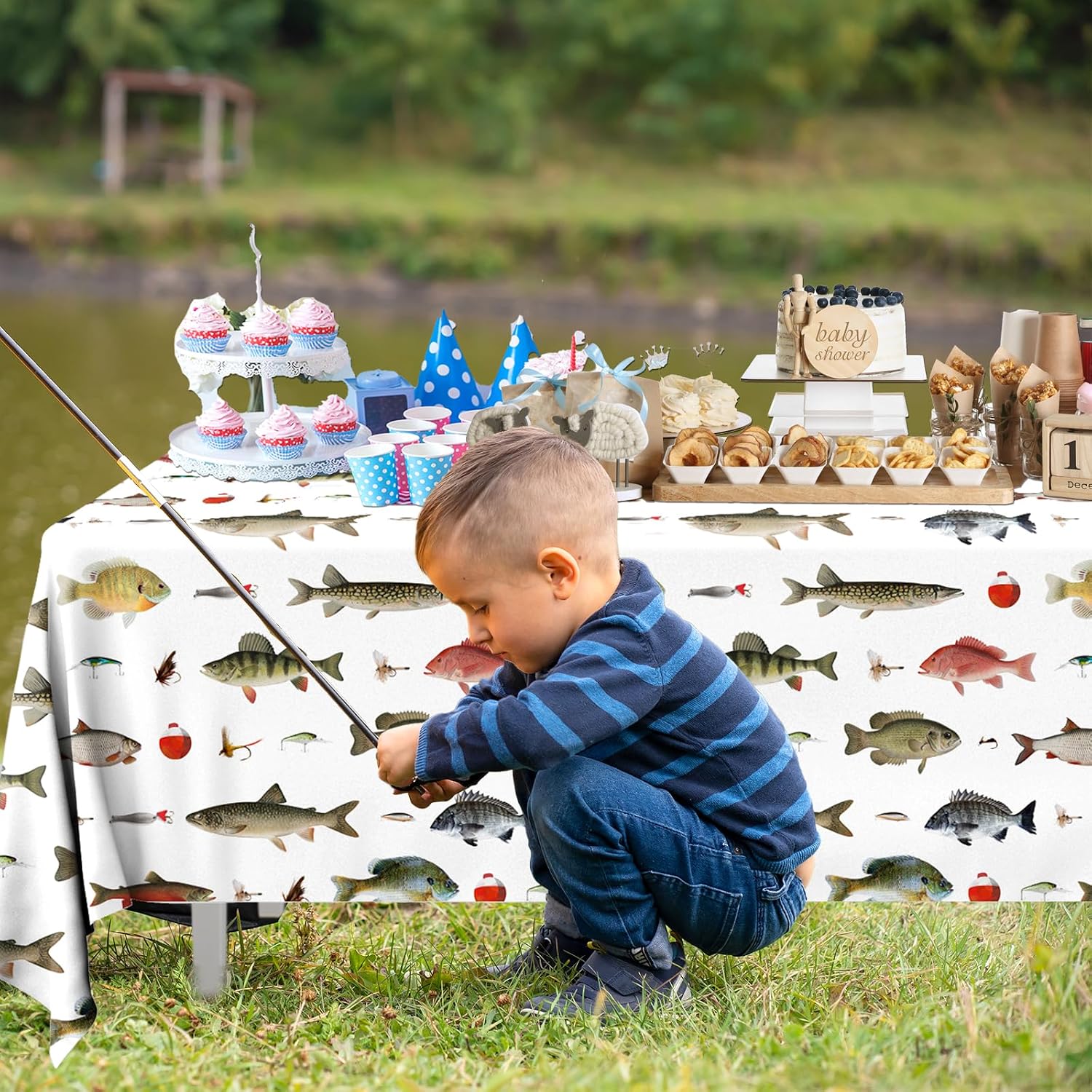 Juweked 2Pcs Fish Table Cloth Plastic Fish Party Decorations (54" x 108") Bass Fishs Table Cloth Fishs Party Decorations for Birthday Little Fisherman