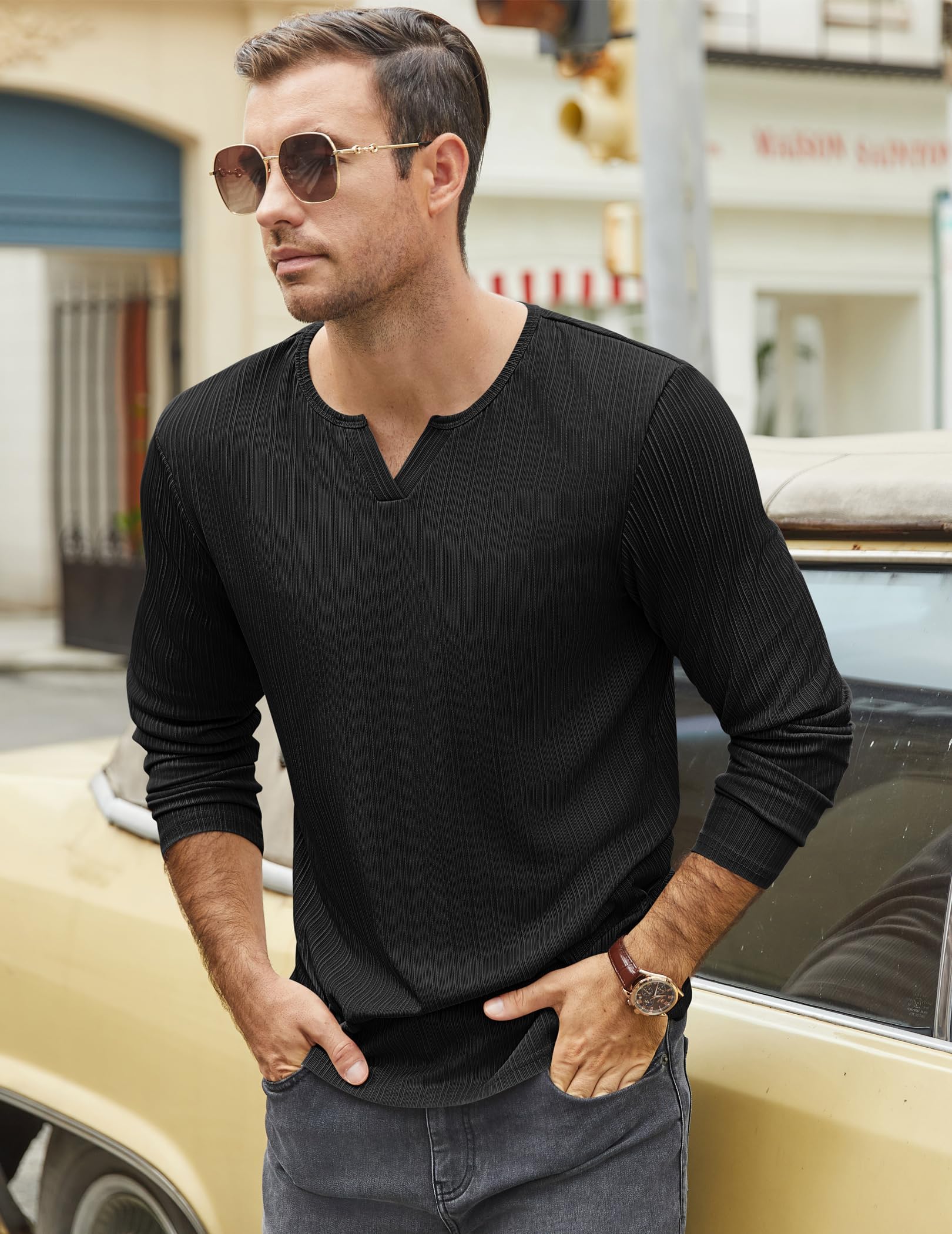 COOFANDY Maglietta da uomo a maniche lunghe, a coste, per uomo, per il tempo libero, casual