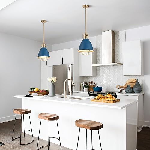 Vista 12 de Kent - Lámpara de techo industrial de metal enjaulado de gran tamaño, azul y dorado