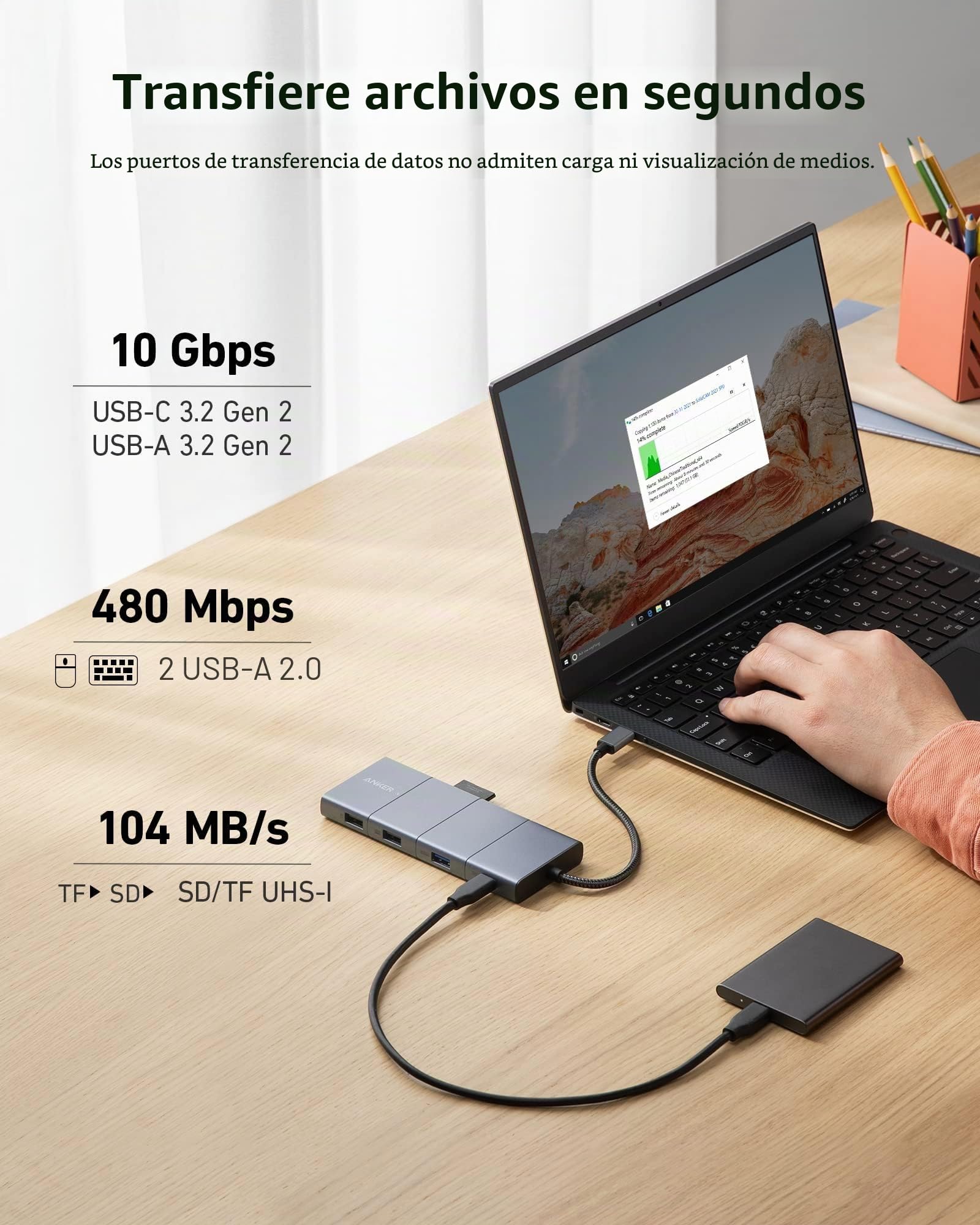 Anker 565Hub USBC11en 1,Docking station,puertos de USB-C y USB-A de10 Gbps,HDMI 4Ky DisplayPort, suministro de energía de100W,2 puertos de datos USB 2.0,Ethernet,AUX,microSD y ranuras para tarjetas SD