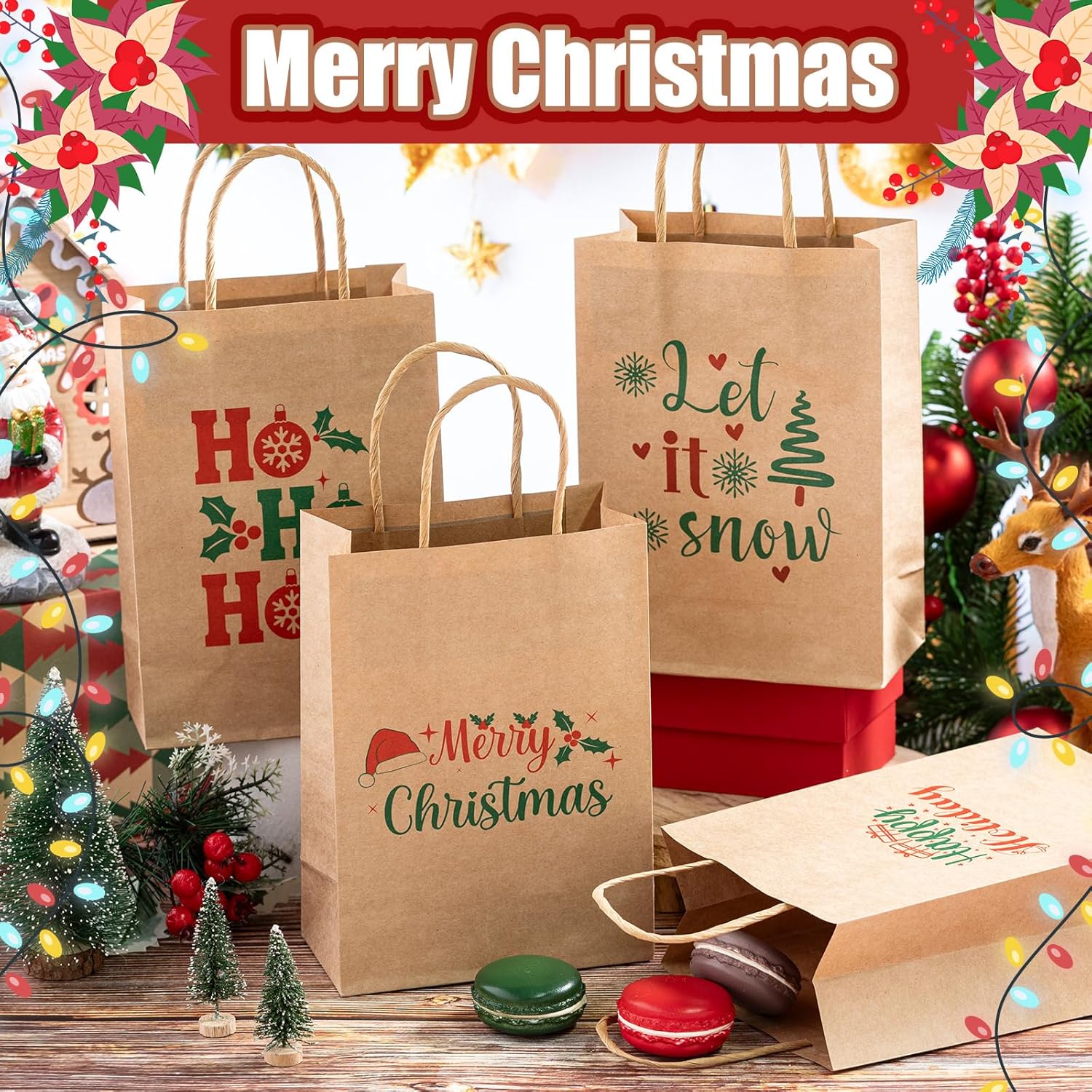 AmazingSpark 100 Pcs Small Christmas Kraft Gift Bags with Handles Xmas Paper Goody Bags Bulk 5.91x3.15x8.27inch Candy Treat Bag for Xmas New Year Holiday Party Decor, 4 Styles (Red Green Christmas) - Image 4