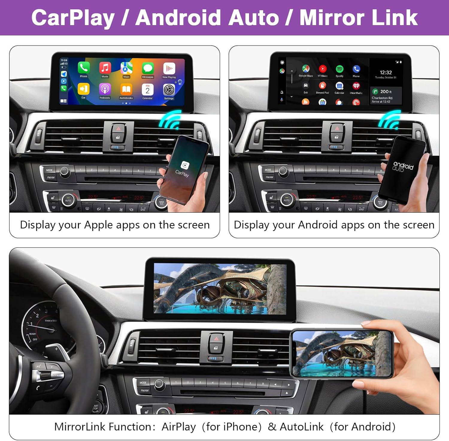 Screenshots showing Apple CarPlay, Android Auto, and Mirror Link functionality on the NINETOM touchscreen