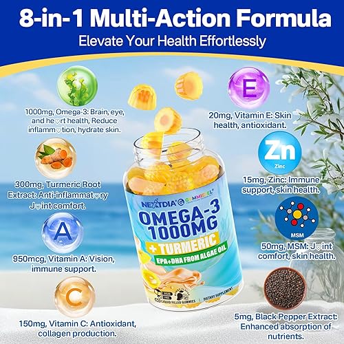 Miniatura 7 de Gomitas veganas Omega-3 de 1000 mg + cúrcuma, alternativa al aceite de pescado Omega 3 para adultos, algas DHA de 600 mg y EPA 300 mg, vitaminas A,