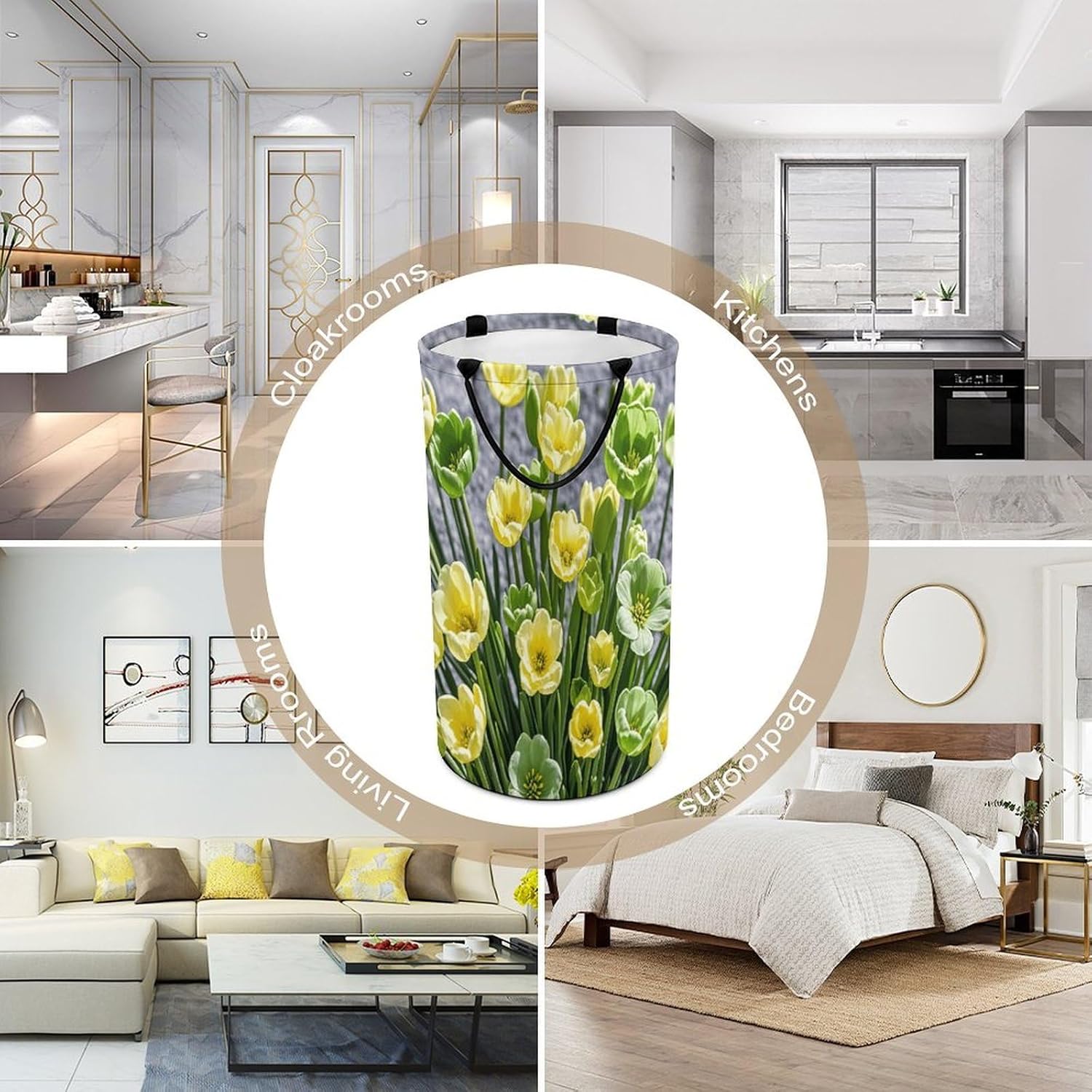 Green And Yellow Flowers Laundry Hamper Large Collapsible Laundry Basket with Handles Waterproof Clothes Hamper Portable Dirty Clothes Basket for Bedroom Laundry Room Closet Bathroom