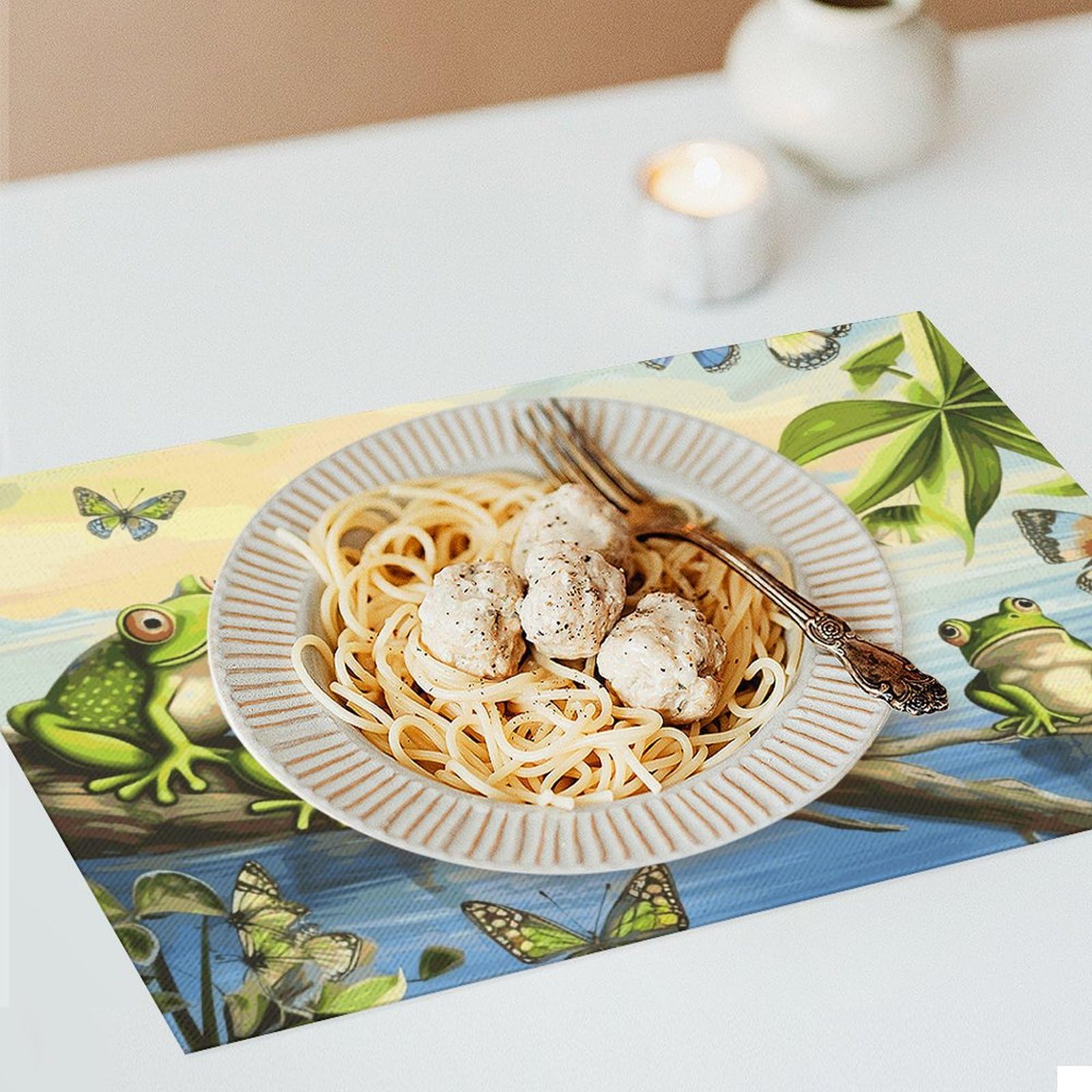 Tischsets aus PVC, Motiv: Viele Frösche singen auf den Zweigen, Sommerschmetterlinge, See, Wasser, waschbar, hitzebeständig, rutschfest, wasserdicht, Platzdeckchen-Set für Innen- und Außenbereich, 6