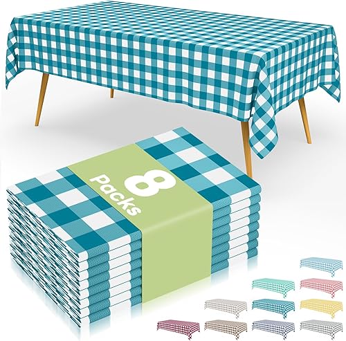 Miniatura 46 de Smiry Paquete de 8 manteles desechables a cuadros, mantel de plástico impermeable de 54 x 108 pulgadas, manteles rectangulares a cuadros caqui y