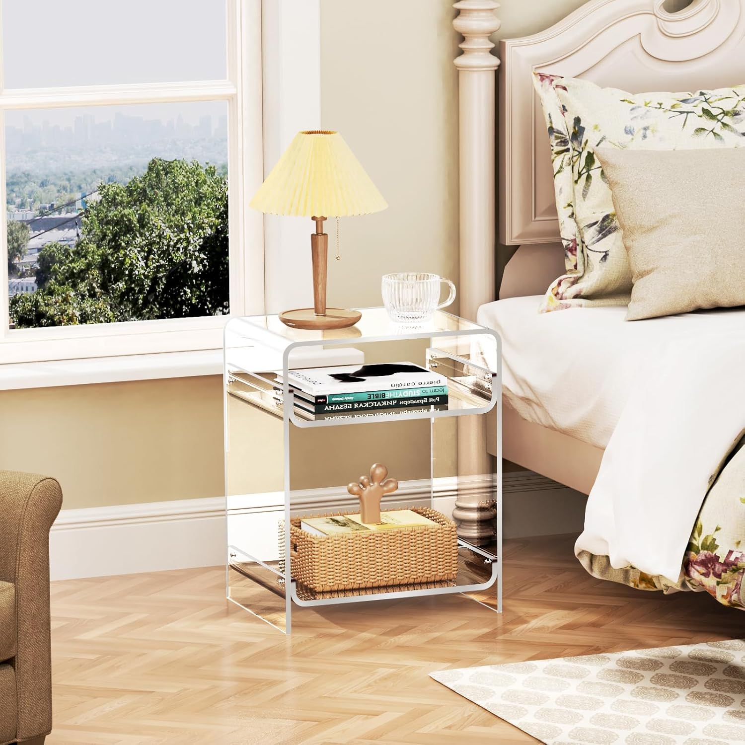 Acrylic End Table Record Player Table with Storage Shelf Clear Side Table Nightstand (15.7x19.7x11.8) (Clear)