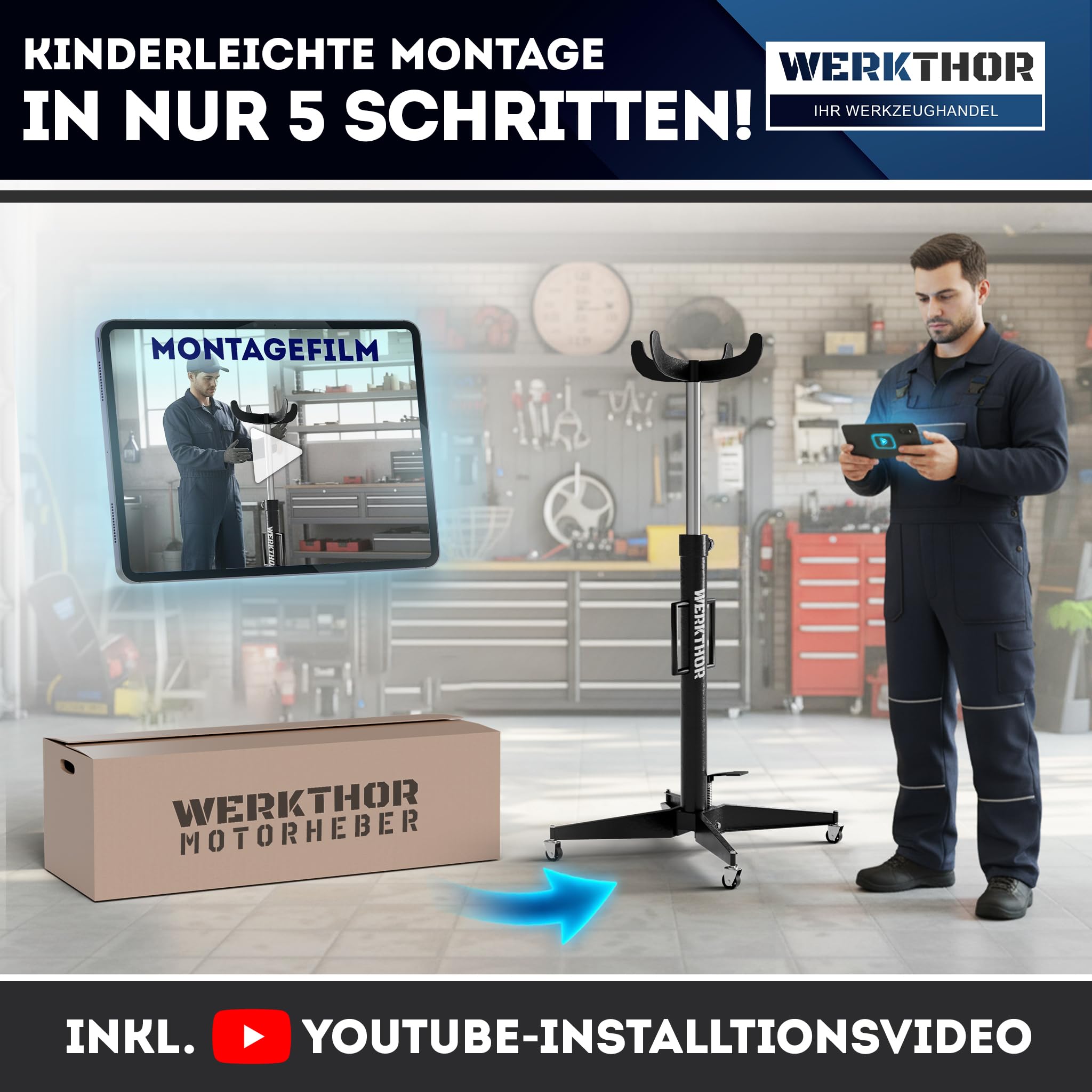 WERKTHOR Getriebeheber 500kg hydraulisch & verstellbar 105-185 cm – Motorheber Faulenzer für Werkstatt – Getriebeheber kfz rollbar mit 4 Lenkrollen & Fußpedal – Auto Heber Schwarz