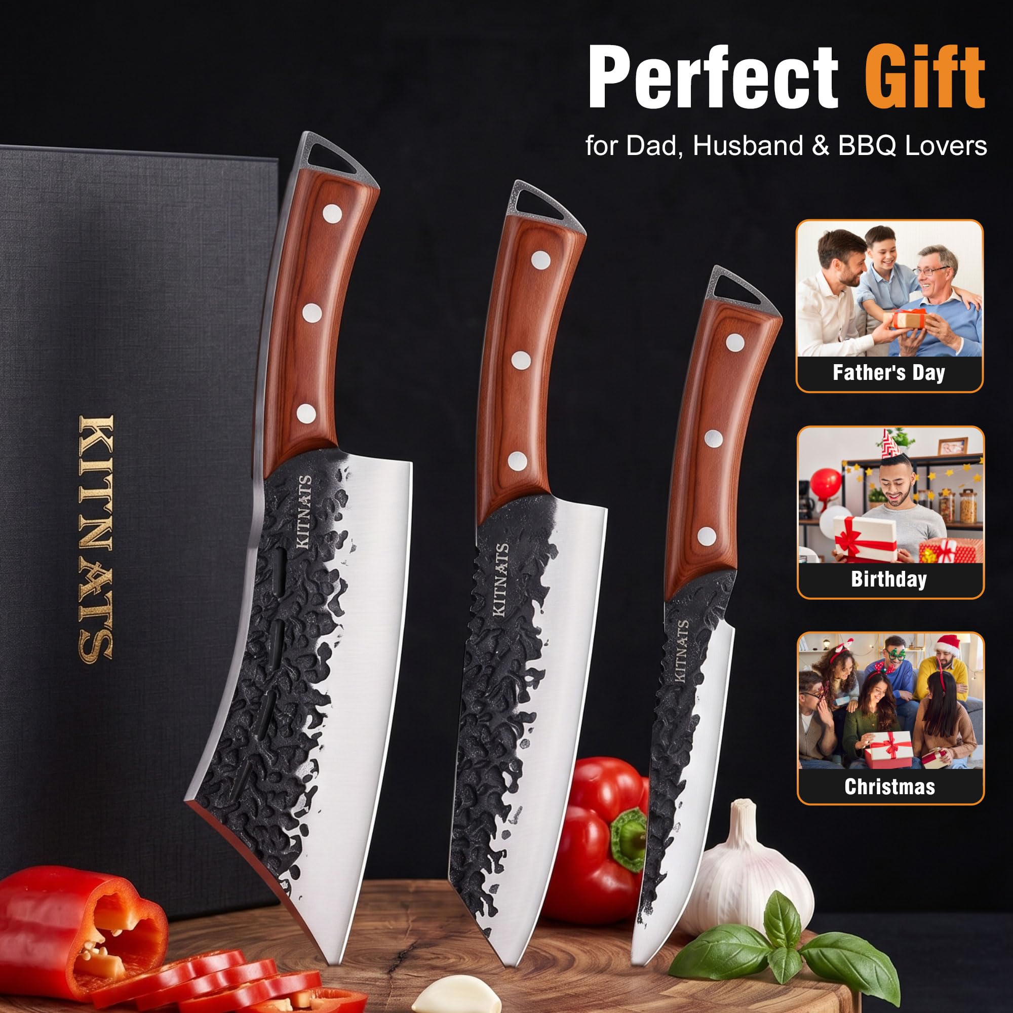 KITNATS Butcher Knife Set, 3PCS Hand Forged Full Tang BBQ Knife Set — Amazon image 4