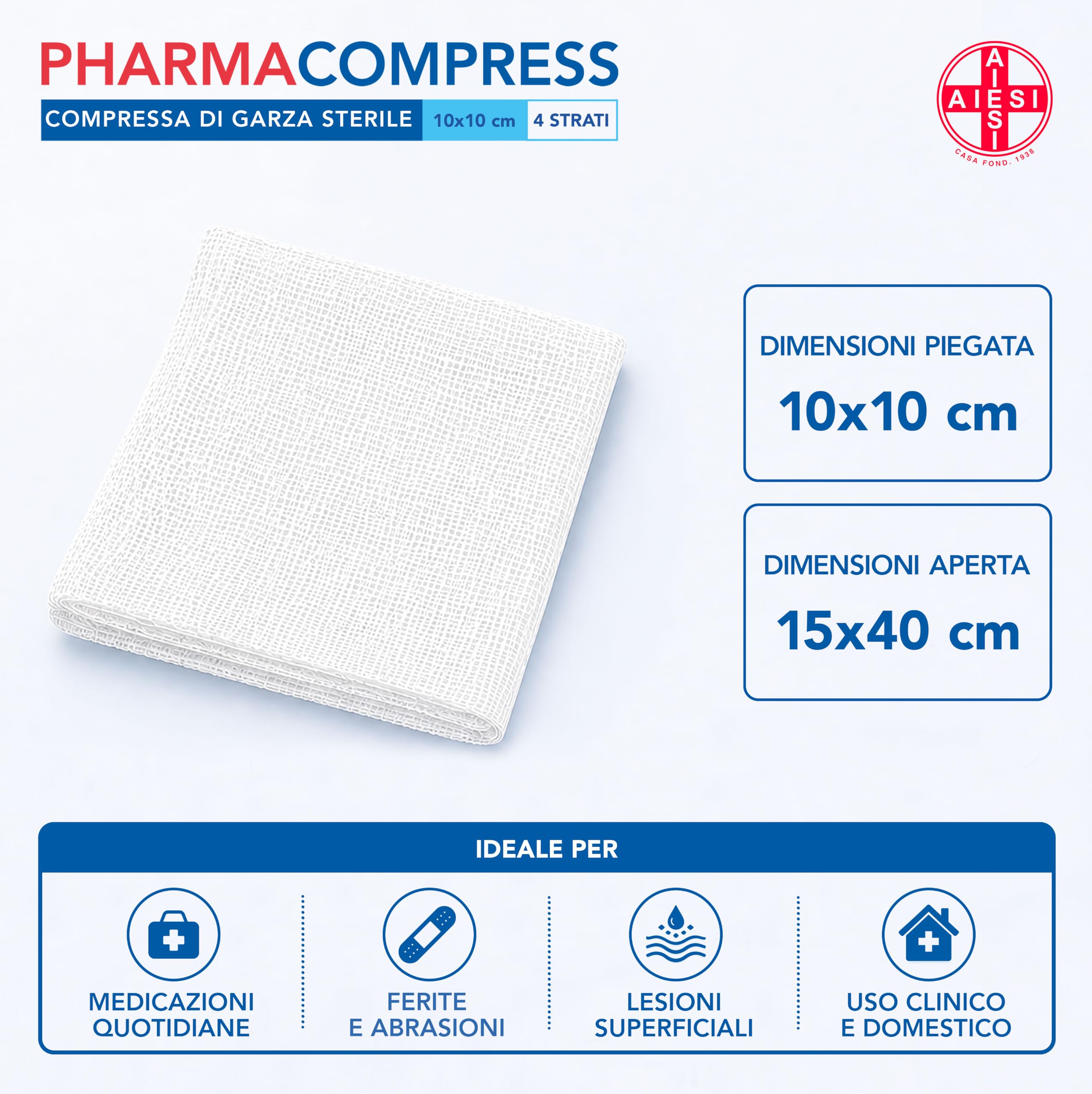 AIESI® Sterylne kompresy gazowe 10x10 cm (100 sztuk) pakowane pojedynczo PHARMACOMPRESS, składane kompresy bawełniane
