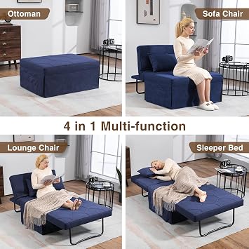 4 in 1 Sleeper Chair, Convertible Sleeper Chairs with Ottoman, Ottoman Bed for Adults, Sofa Bed with Adjustable Backrest for Living Room Apartment Office, Jean Blue