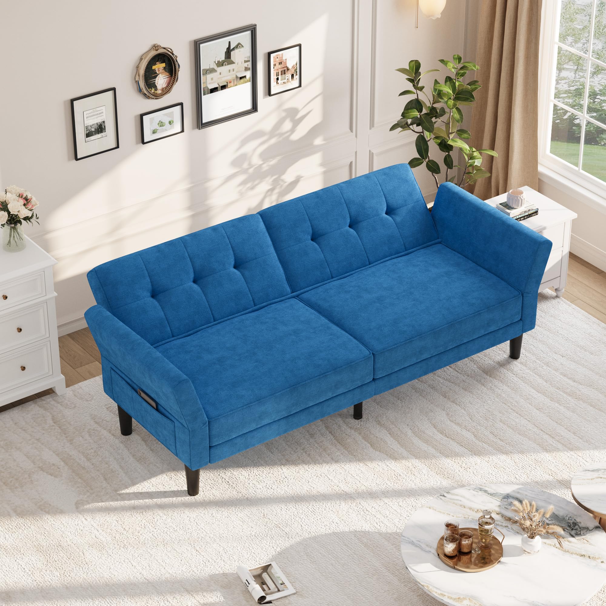 IDEALHOUSE 89" Futon Sofa Bed, Convertible Sleeper Sofa with Adjustable Backrest & Armrest, Modern Futon Couch Bed, Loveseat Sleeper for Living Room Bedroom Apartments, Blue