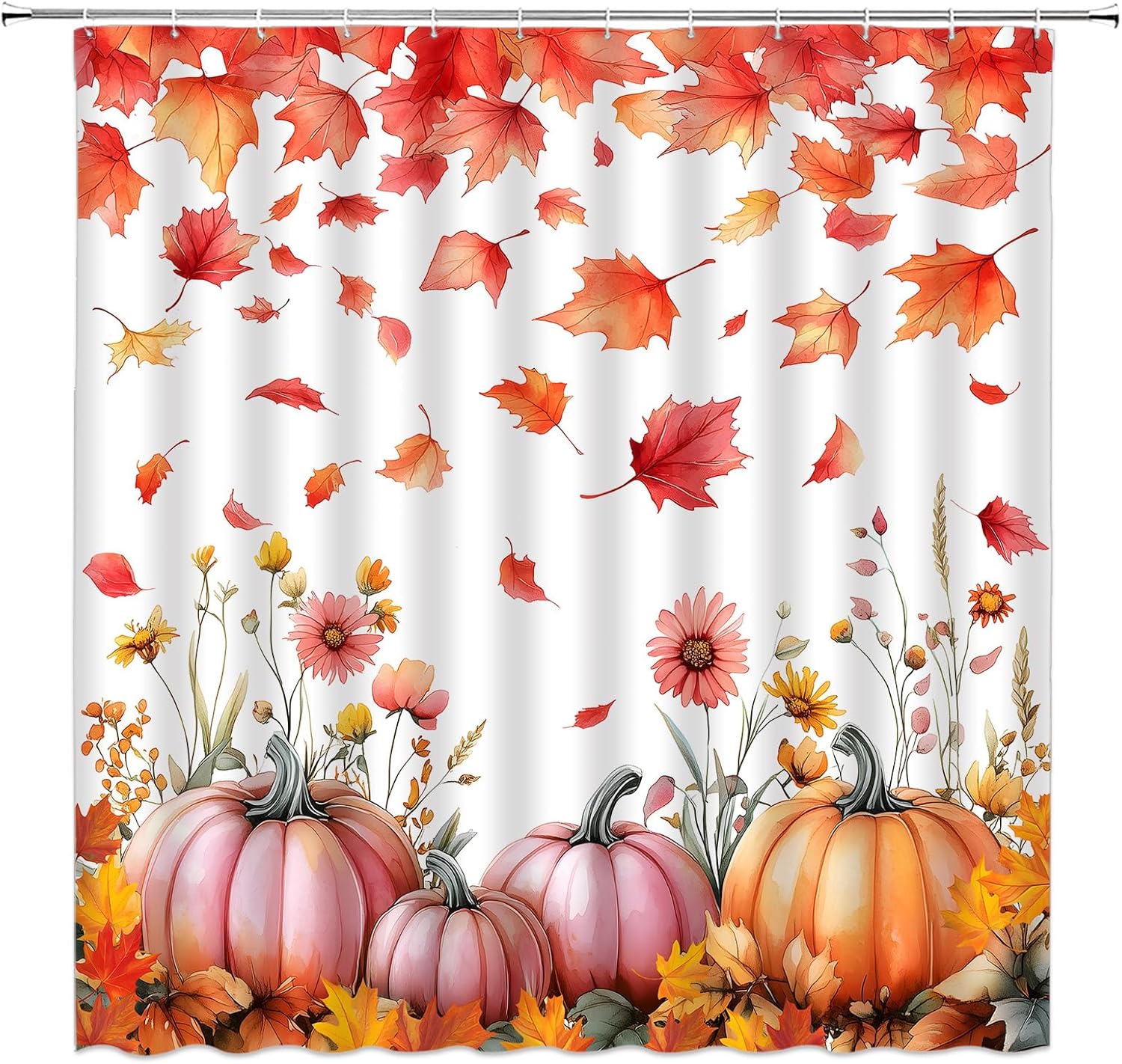 Fall Thanksgiving Extra Long Shower Curtain,Pumpkin Maple Leaf Floral Autumn Orange Pink Watercolor Bathroom Home Curtain Decor with Hooks,70x84 Inch